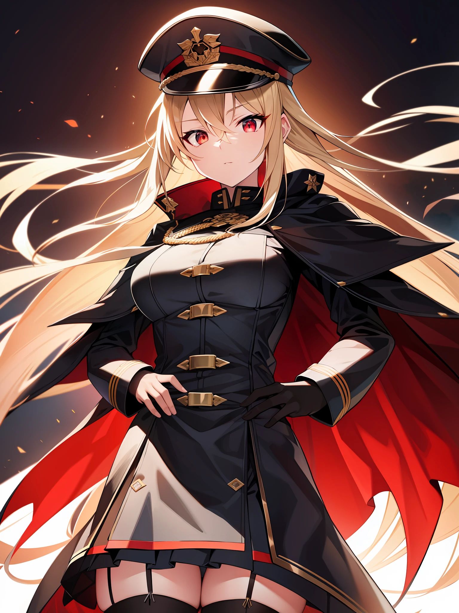 (hyper extreme detailed),(masterpeace),(hyper extreme),(photorealistic),CG,(colour:1.2), beautiful lighting,light from the front,rating:safe,solo, bismarck,blonde hair,long hair,red eyes,black_gloves,garter_straps,zettai_ryouiki,pleated_skirt,black_skirt,stoking,high_heels,black shrite,long_sleeves,black_cape,short_dress, wearing military hat