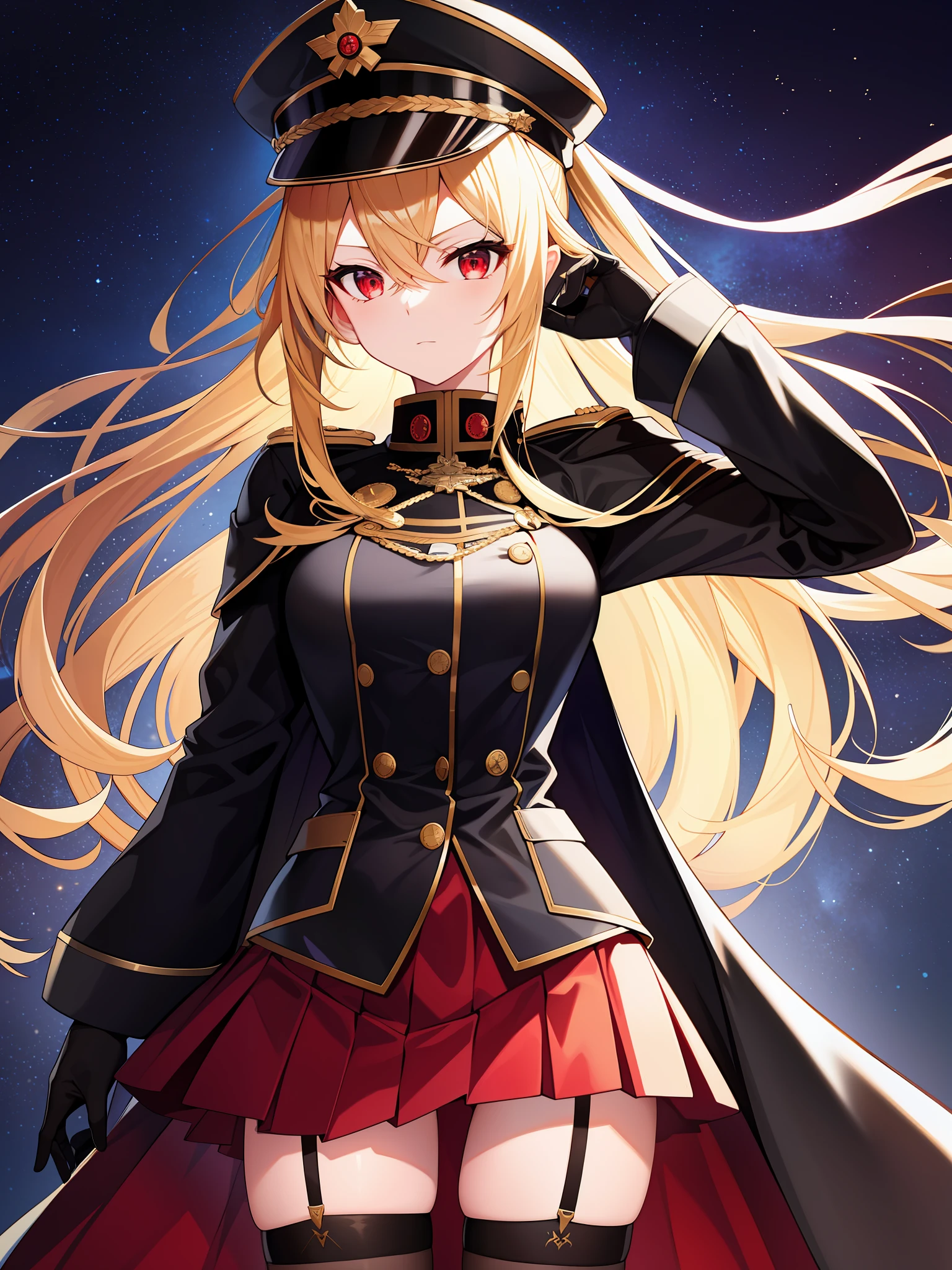(hyper extreme detailed),(masterpeace),(hyper extreme),(photorealistic),CG,(colour:1.2), beautiful lighting,light from the front,rating:safe,solo, bismarck,blonde hair,long hair,red eyes,black_gloves,garter_straps,zettai_ryouiki,pleated_skirt,black_skirt,stoking,high_heels,black shrite,long_sleeves,black_cape,short_dress, wearing military hat