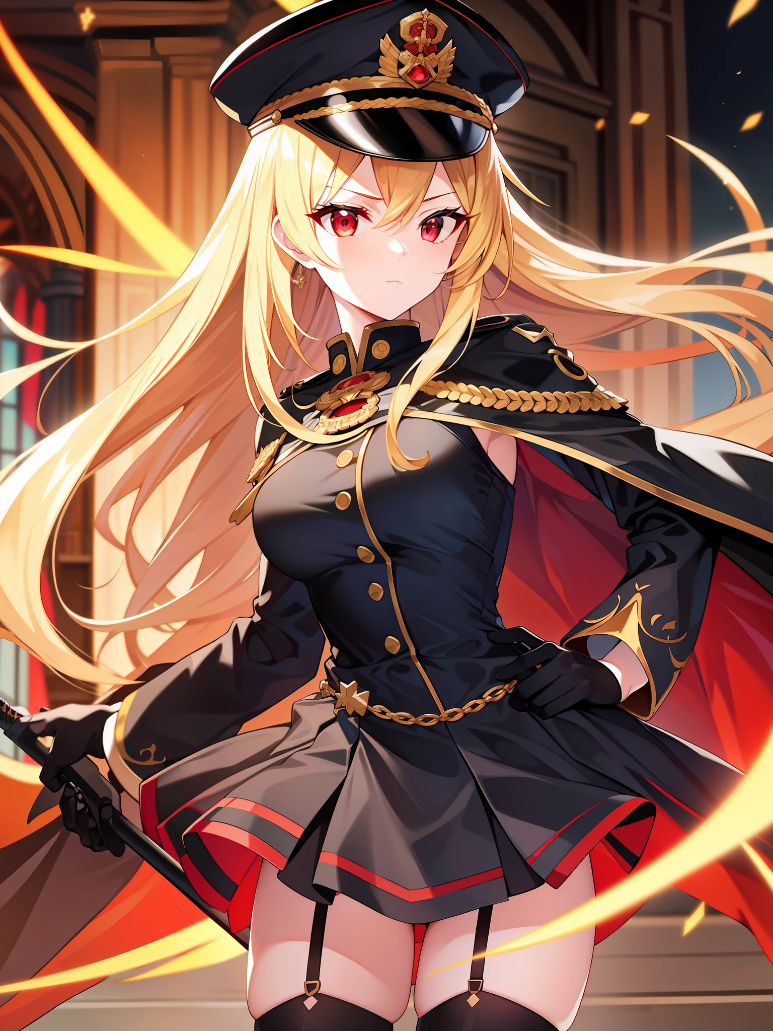 (hyper extreme detailed),(masterpeace),(hyper extreme),(photorealistic),CG,(colour:1.2), beautiful lighting,light from the front,rating:safe,solo, bismarck,blonde hair,long hair,red eyes,black_gloves,garter_straps,zettai_ryouiki,pleated_skirt,black_skirt,stoking,high_heels,black shrite,long_sleeves,black_cape,short_dress, wearing military hat, holding a sabre