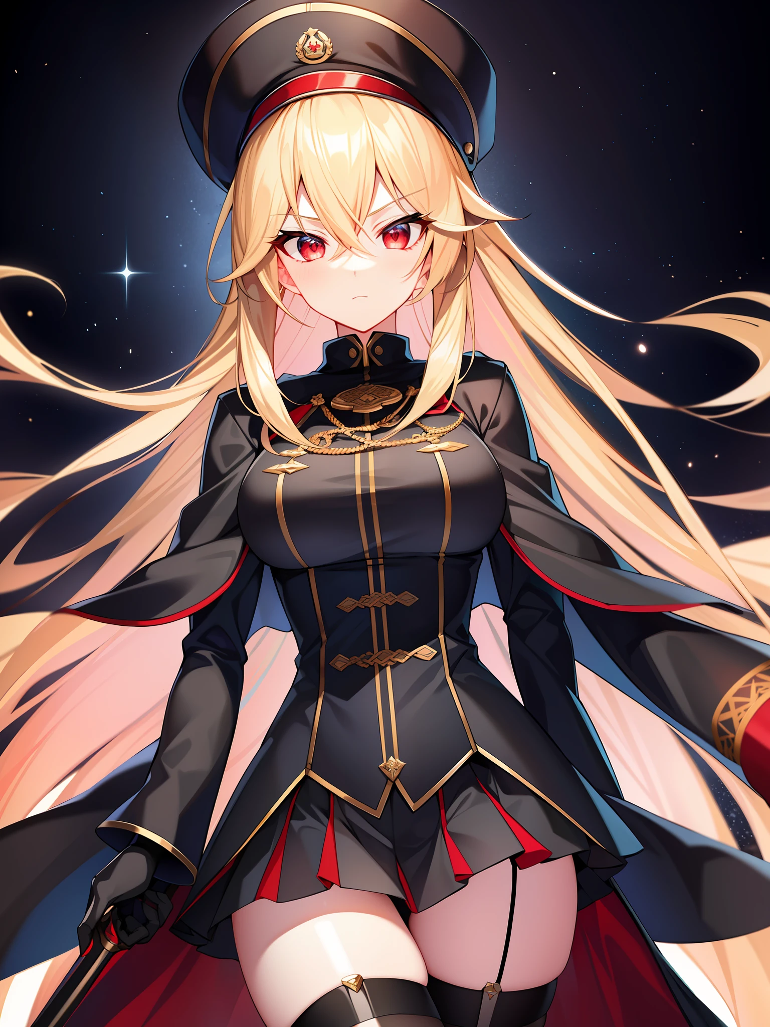 (hyper extreme detailed),(masterpeace),(hyper extreme),(photorealistic),CG,(colour:1.2), beautiful lighting,light from the front,rating:safe,solo, bismarck,blonde hair,long hair,red eyes,black_gloves,garter_straps,zettai_ryouiki,pleated_skirt,black_skirt,stoking,high_heels,black shrite,long_sleeves,black_cape,short_dress, wearing military hat, holding a sabre, looking lewd