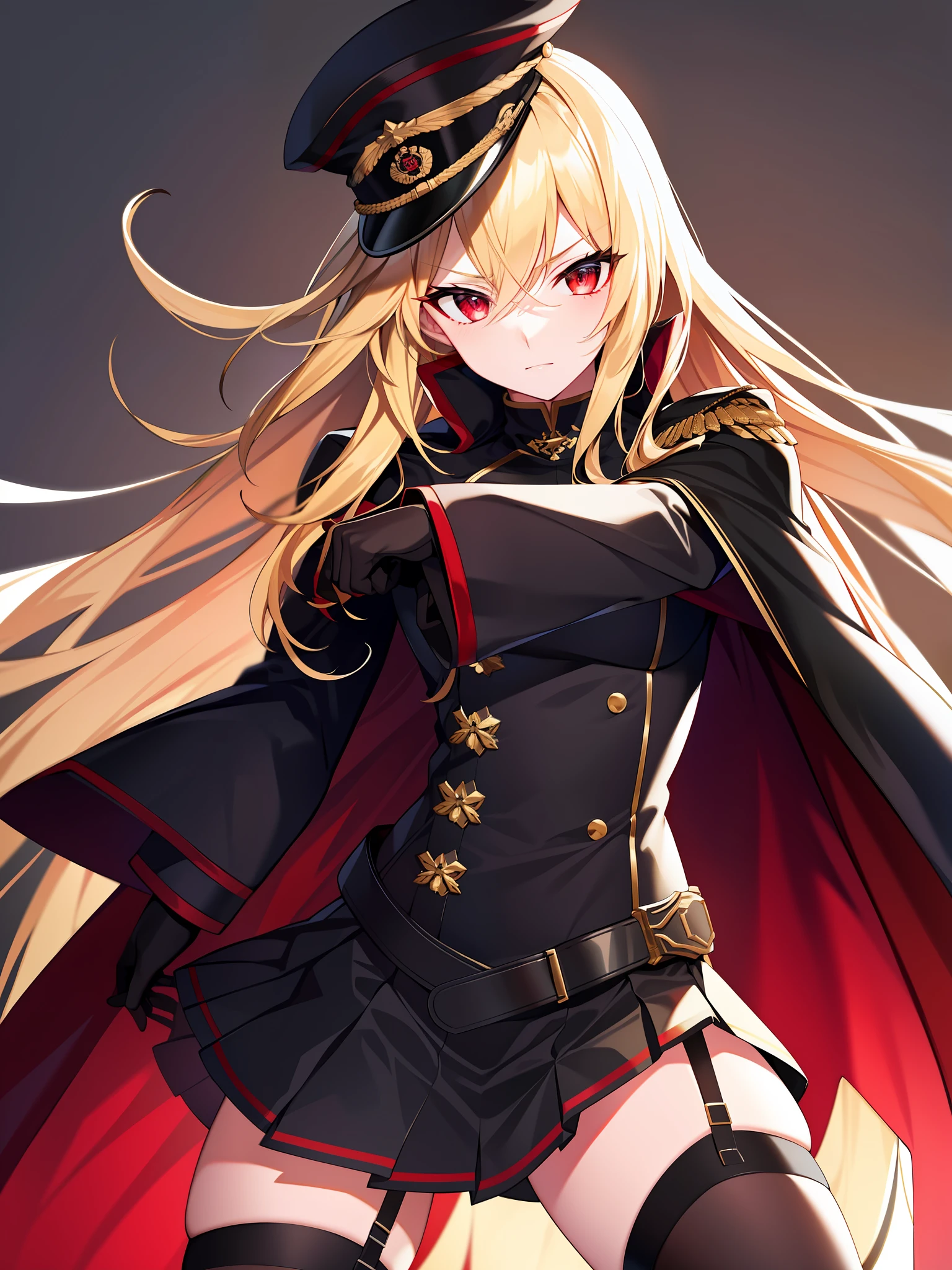 (hyper extreme detailed),(masterpeace),(hyper extreme),(photorealistic),CG,(colour:1.2), beautiful lighting,light from the front,rating:safe,solo, bismarck,blonde hair,long hair,red eyes,black_gloves,garter_straps,zettai_ryouiki,pleated_skirt,black_skirt,stoking,high_heels,black shrite,long_sleeves,black_cape,short_dress, wearing military hat, holding a sabre, looking lewd