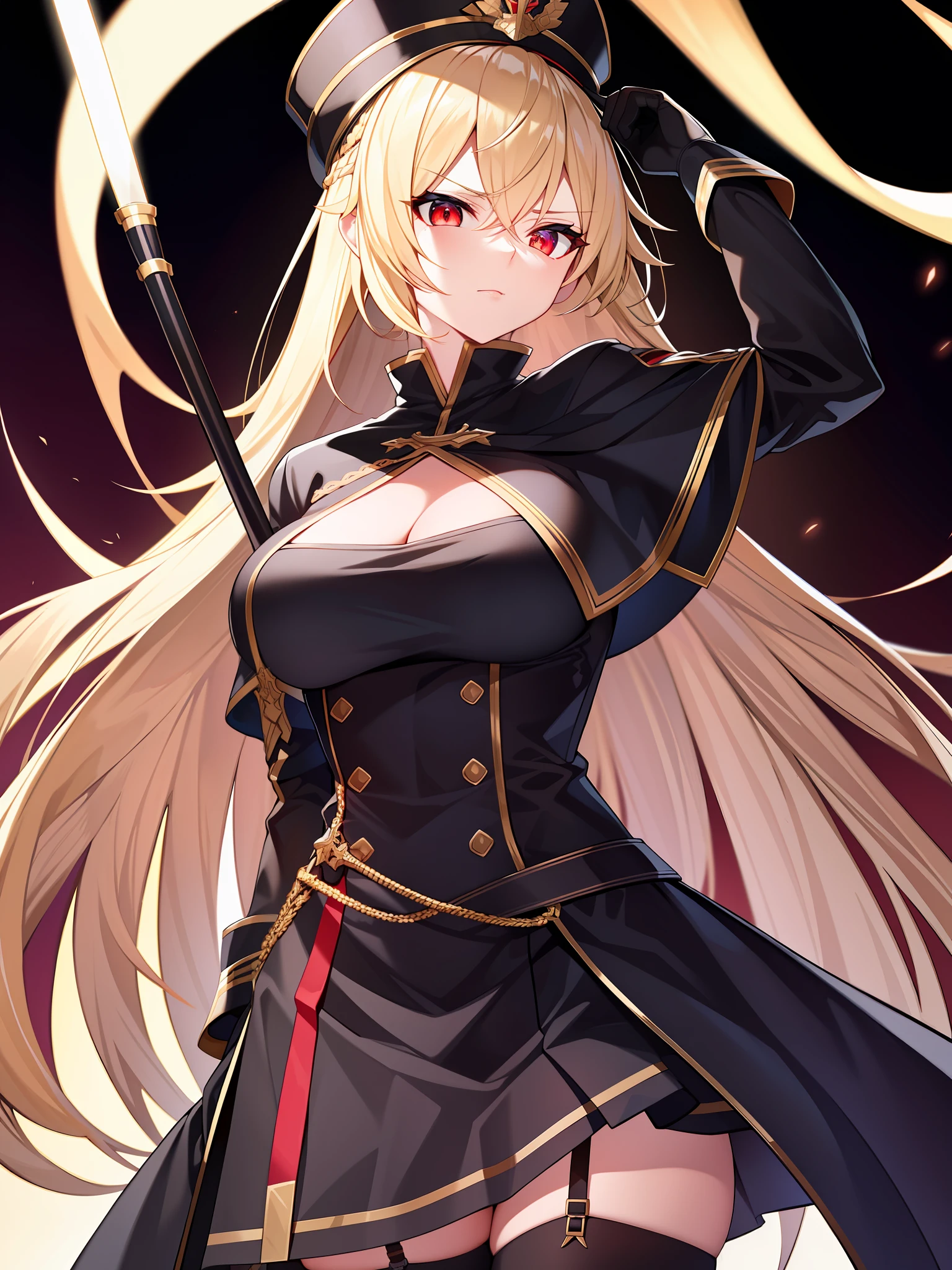 (hyper extreme detailed),(masterpiece),(hyper extreme),(photorealistic),CG,(colour:1.2), beautiful lighting,light from the front,rating:safe,solo, bismarck,blonde hair,long hair,red eyes,black_gloves,garter_straps,zettai_ryouiki,pleated_skirt,black_skirt,stoking,high_heels,black shrite,long_sleeves,black_cape,short_dress, wearing military hat, holding a sabre, looking lewd, sideboobs