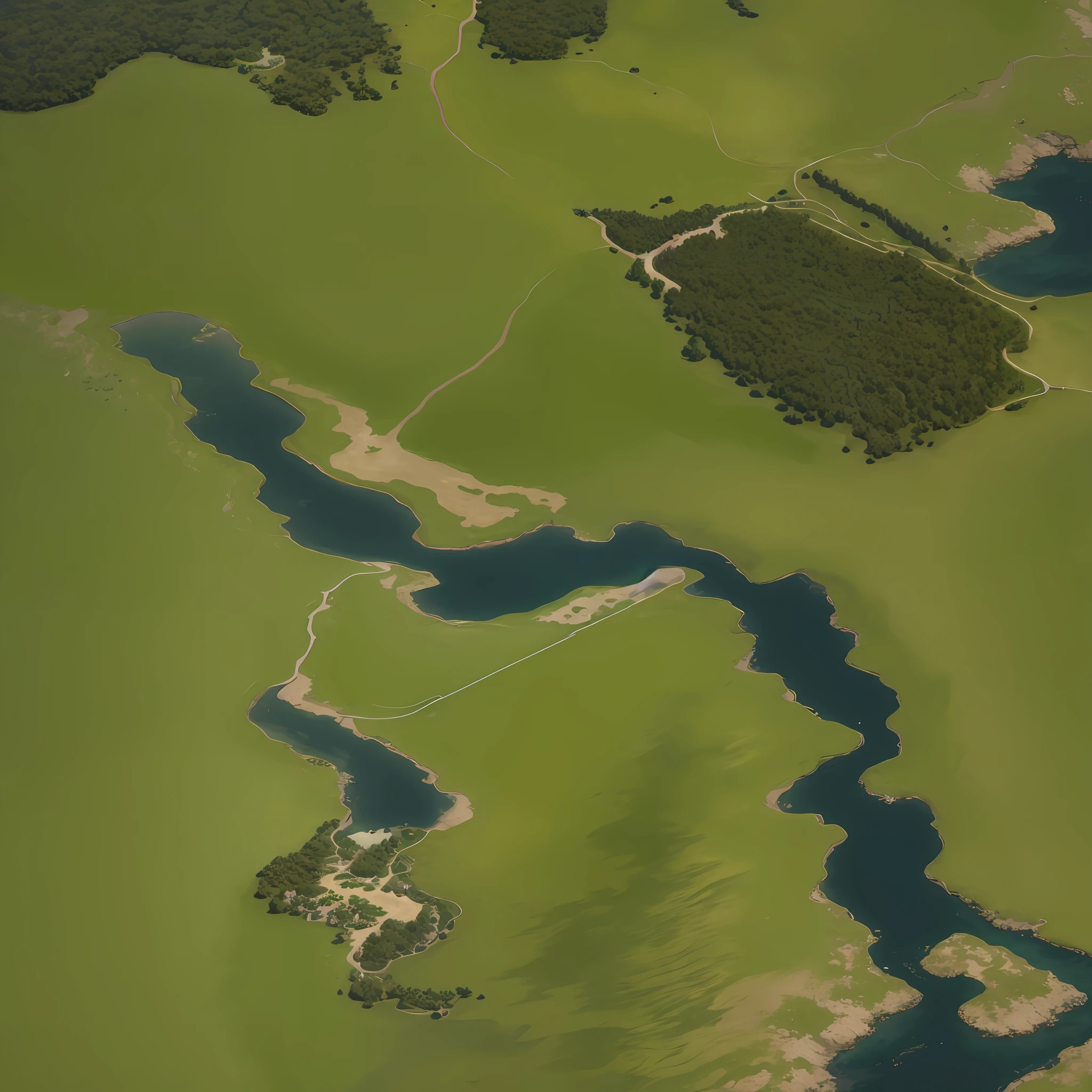 araffes in a field with a river and a forest, steam workshop maps, no trees, hyper detailed, zoom out very far, game map, grassy plains, coastline, highly detailed terrain, an expansive grassy plain, entire city visible, detailed scenery — Width 672, highly detailed maps, simple fantasy maps, r/battlemaps, detailed terrain, rock walls of river channels
