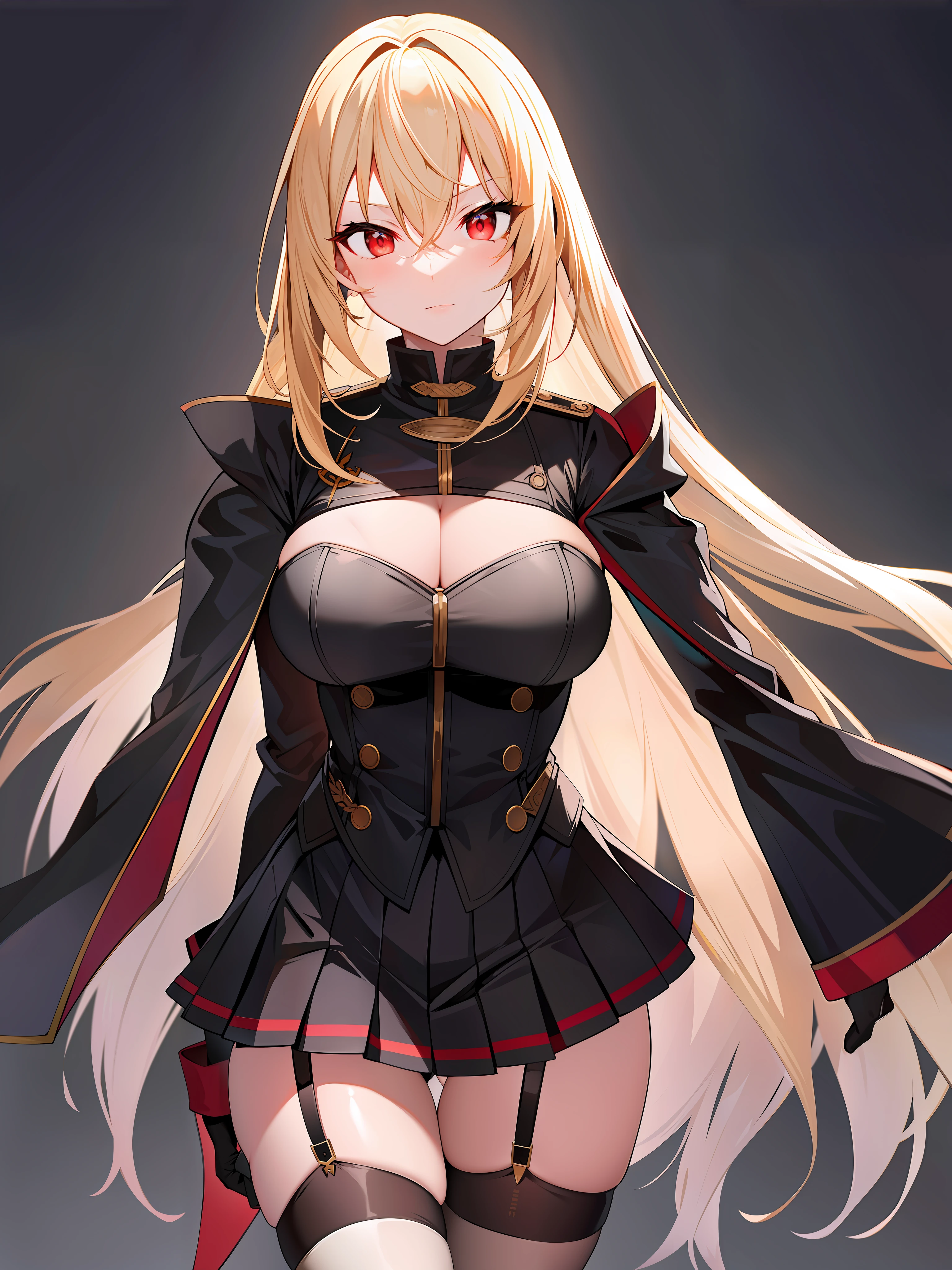 (hyper extreme detailed),(masterpeace),(hyper extreme),(photorealistic),CG,(colour:1.2), beautiful lighting,light from the front,rating:safe,solo, bismarck,blonde hair,long hair,red eyes,black_gloves,garter_straps,zettai_ryouiki,pleated_skirt,black_skirt,stoking,high_heels,black shrite,long_sleeves,black_cape,short_dress,