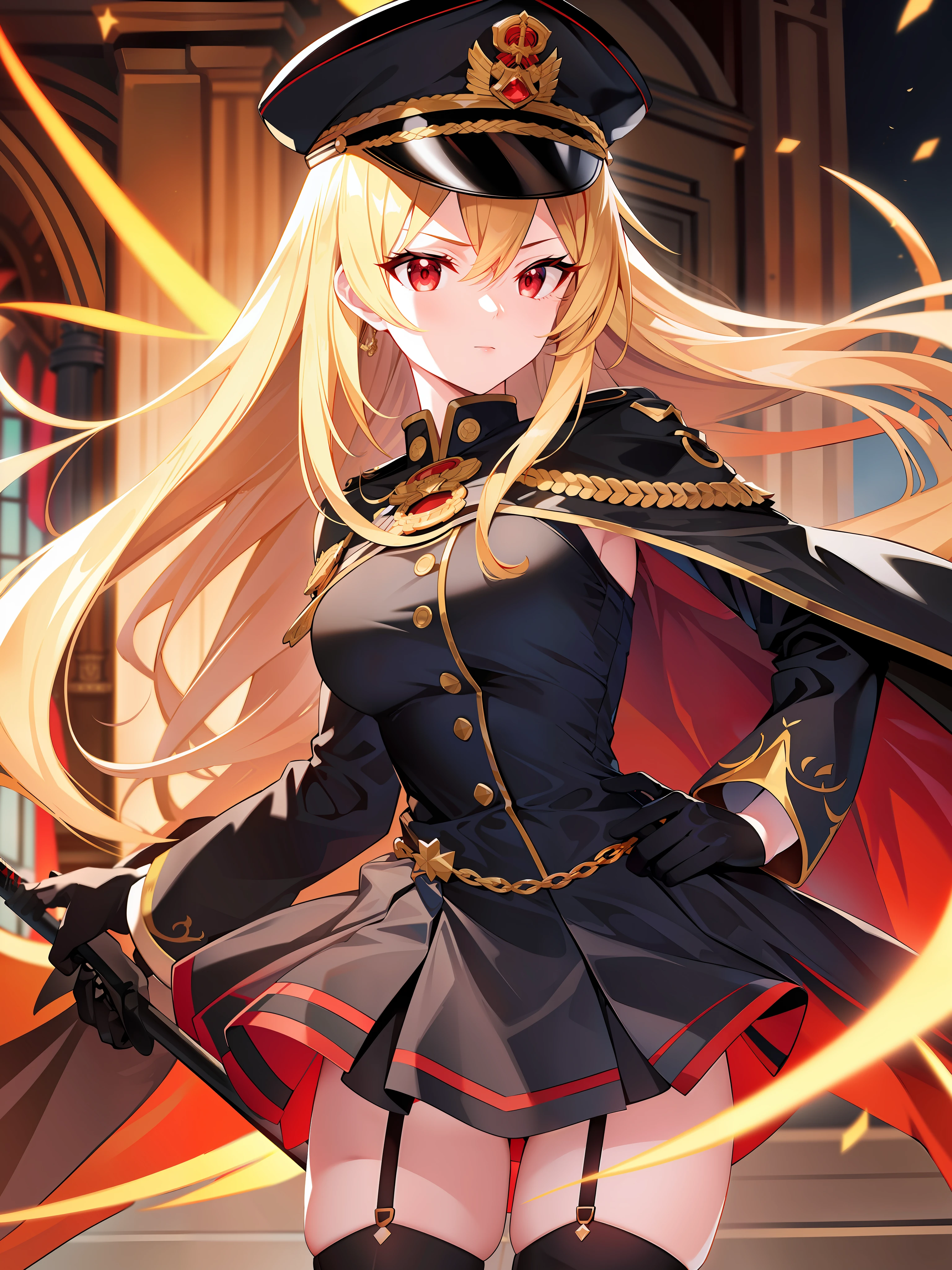 (hyper extreme detailed),(masterpeace),(hyper extreme),(photorealistic),CG,(colour:1.2), beautiful lighting,light from the front,rating:safe,solo, bismarck,blonde hair,long hair,red eyes,black_gloves,garter_straps,zettai_ryouiki,pleated_skirt,black_skirt,stoking,high_heels,black shrite,long_sleeves,black_cape,short_dress, wearing military hat, holding a sabre