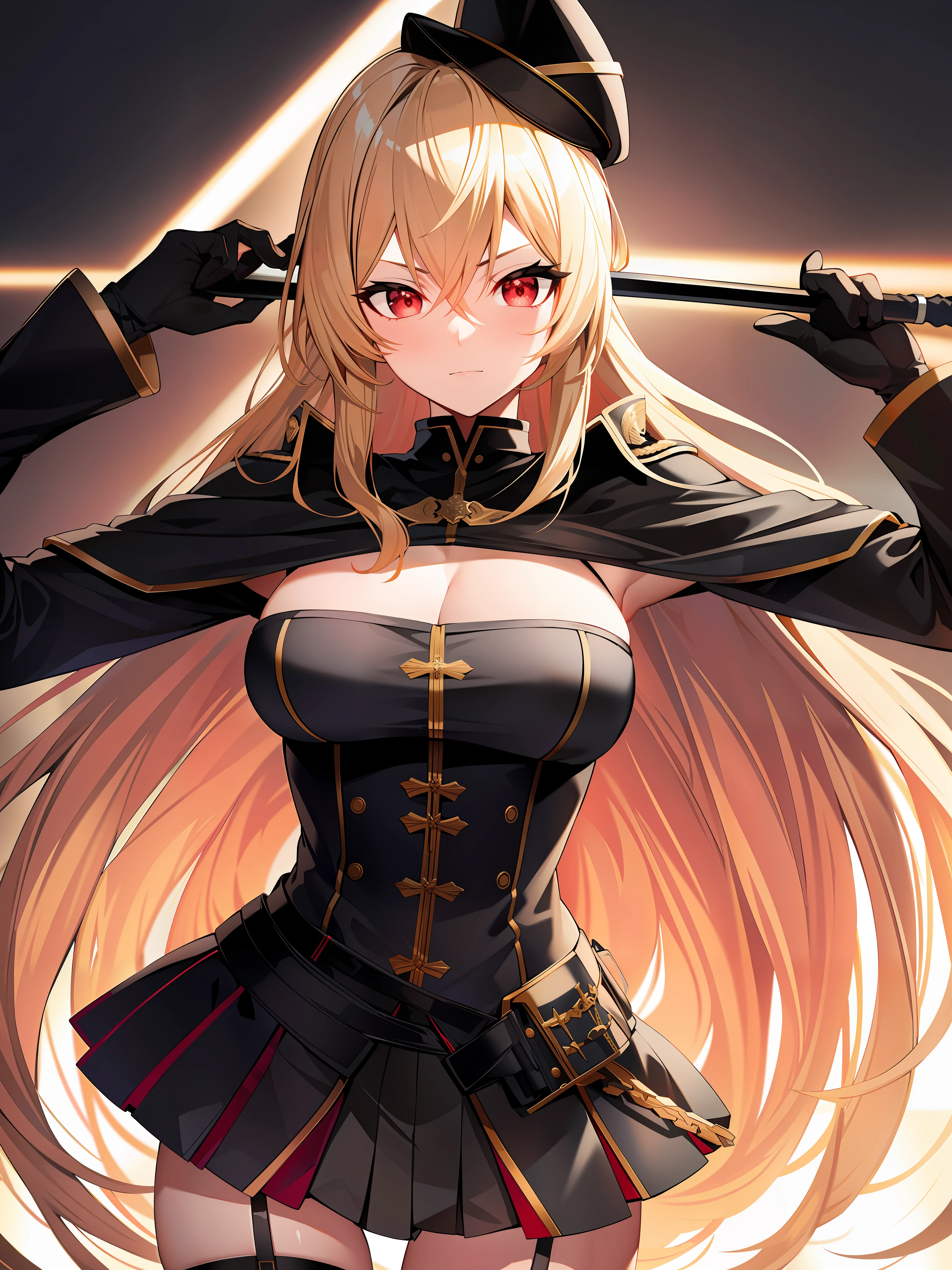 (hyper extreme detailed),(masterpeace),(hyper extreme),(photorealistic),CG,(colour:1.2), beautiful lighting,light from the front,rating:safe,solo, bismarck,blonde hair,long hair,red eyes,black_gloves,garter_straps,zettai_ryouiki,pleated_skirt,black_skirt,stoking,high_heels,black shrite,long_sleeves,black_cape,short_dress, wearing military hat, holding a sabre, looking lewd