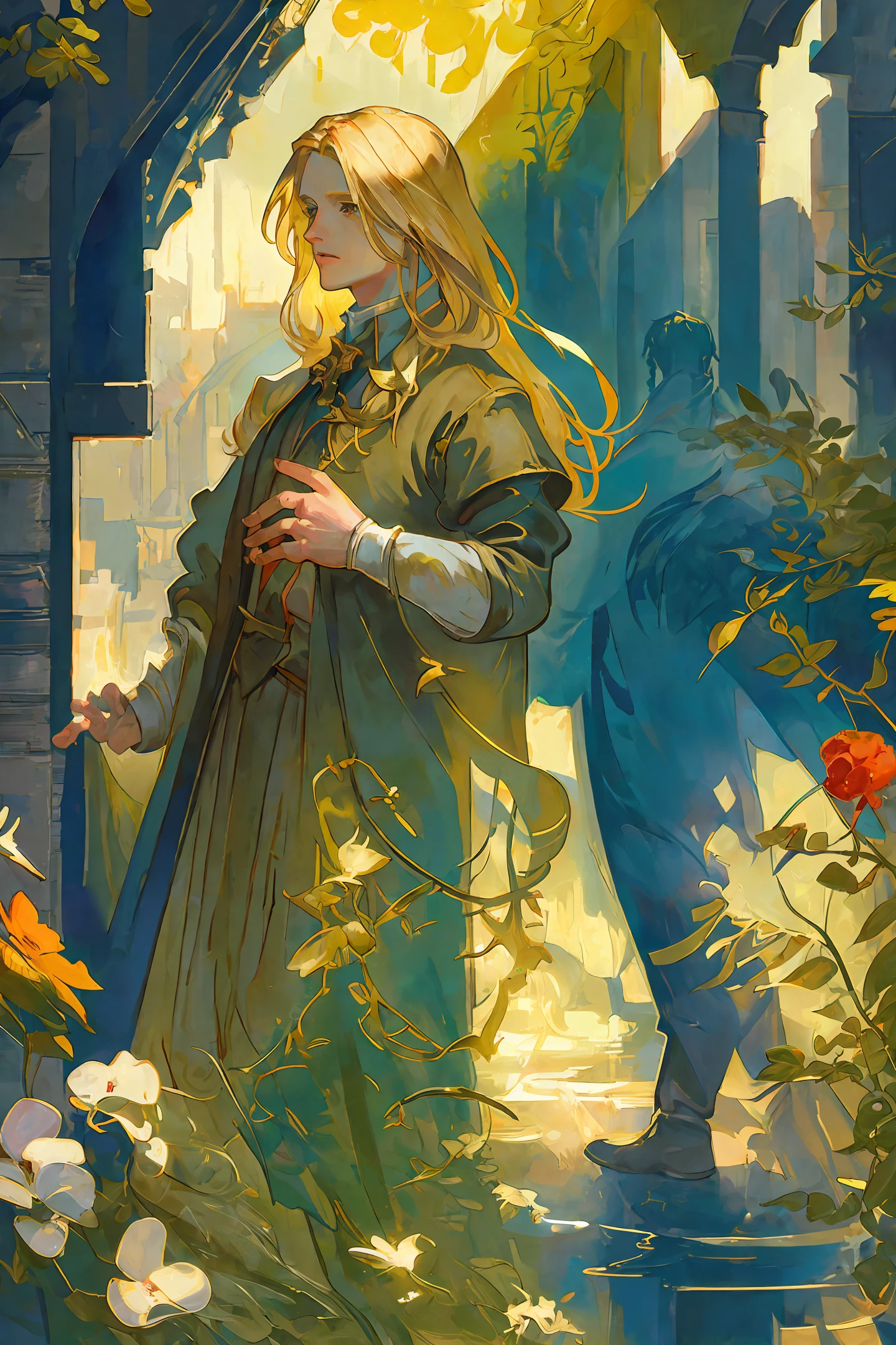 Mucha, boy with blond long hair, outdoors, backlight, middle ages, France street