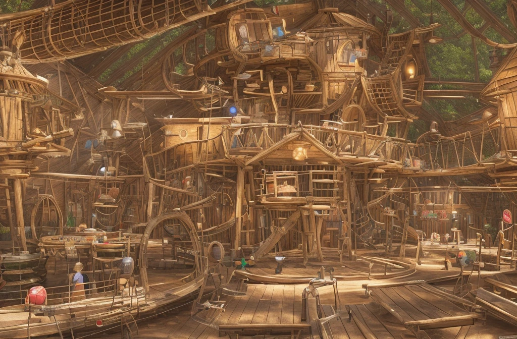 Picture a lifelike 3D architectural rendering of a vast, open barn transformed into an indoor playground, bustling with activity. This intricate scene is a symphony of realism, playfulness, and innovative design, masterfully captured in the 3D visual representation. Children and adults alike are engaged in the playground's multifaceted elements, including charming wooden cabins, one of which is equipped with an adjacent rotating ((cylindrical slide)). A wooden suspension bridge, realistically rendered with detailed textures and shadows, leads to another cabin in the top right of the image, where a delightfully animated 3D model of a little girl is seen running across. On the left, a water park shimmers under the virtual lighting, its pool crowned by a whimsically designed fountain. The fountain, meticulously modelled in 3D, features a stack of bird sculptures - a large bird at the base, a parrot in the middle, and a toucan at the top, each spouting water from their beaks. Central to the image is a quaint treehouse, its wooden textures and details adding to the realistic 3D rendering. In the foreground, 3D models of adults sit at small wooden tables, engaged in a meal, their position and interaction adding depth and perspective to the scene. This vibrant tableau is a testament to the power of 3D architectural rendering in creating detailed, immersive, and realistic indoor environments. The scene successfully blends elements of interior design, architecture, playground design, and digital artistry to create an engaging visual narrative.