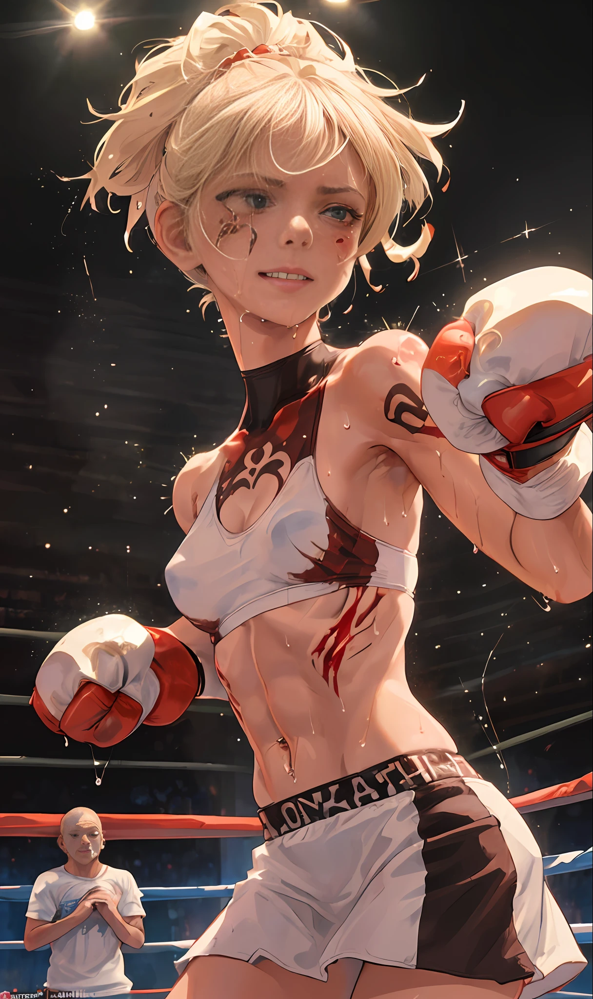 (((one girl))), cowboy style, low angle, masterpiece, boxer, brown skin, disheveled hair, nosebleed, blood from the mouth, grin, damage, breathing, fighting spirit, glaring eyes, right straight, punch, punch, punch, dripping sweat, splashing sweat, face tattoo, thigh tattoo, lots of tattoos, very good anime illustration, ray tracing, composition, dynamic, boxing gloves, face up, beautiful face, beautiful skin, toned abs, slender, (spotlight)), [real] ([details] background (boxing ring, spectator seats), shaved, ((short blonde hair)))), wet bra, knee pads, see-through breasts, short spats , underwear, half-naked, slender, underwear showing, sweat, fighting spirit