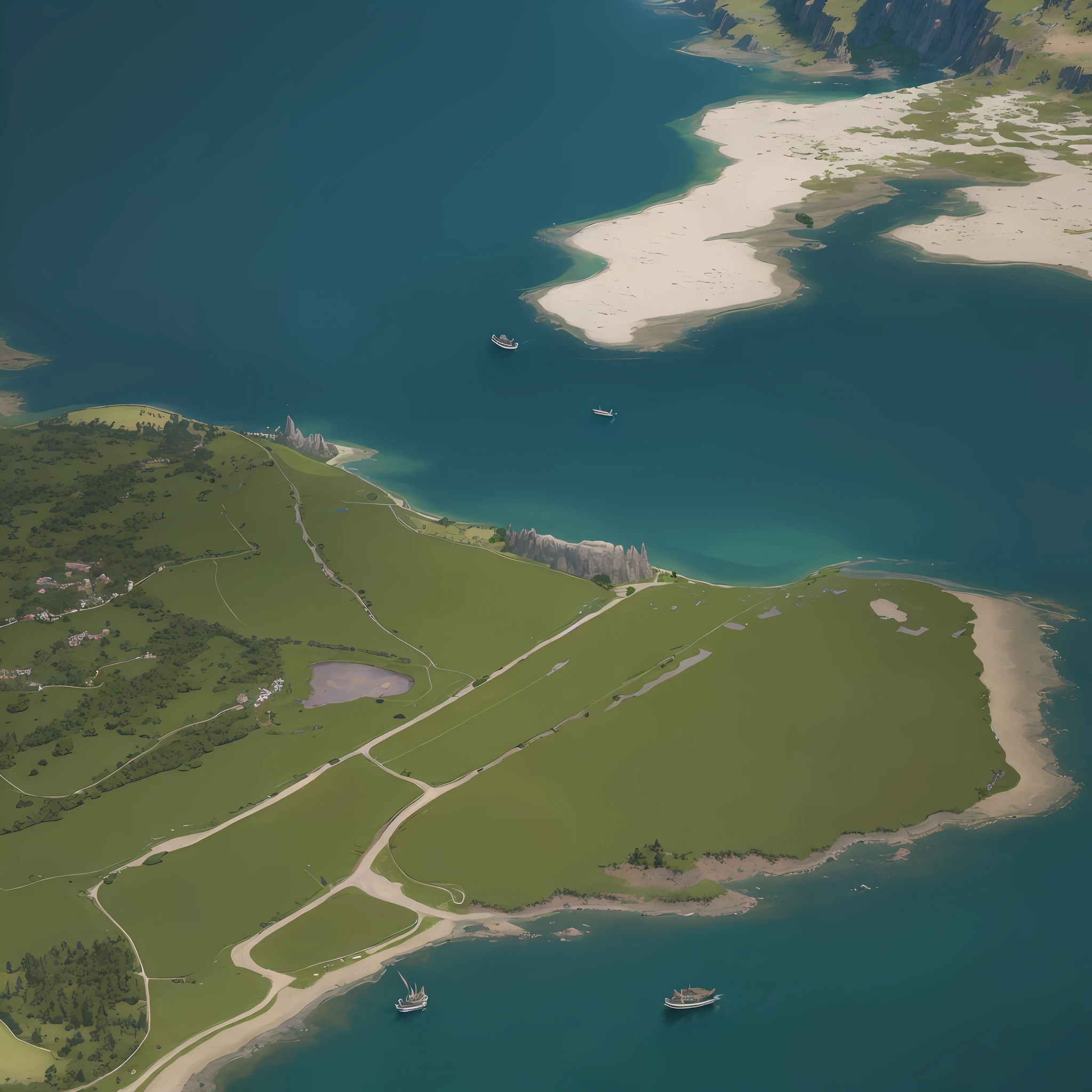 araffes in a field with a river and a forest, steam workshop maps, no trees, hyper detailed, zoom out very far, game map, grassy plains, coastline, highly detailed terrain, an expansive grassy plain, entire city visible, detailed scenery — Width 672, highly detailed maps, simple fantasy maps, r/battlemaps, detailed terrain, rock walls of river channels