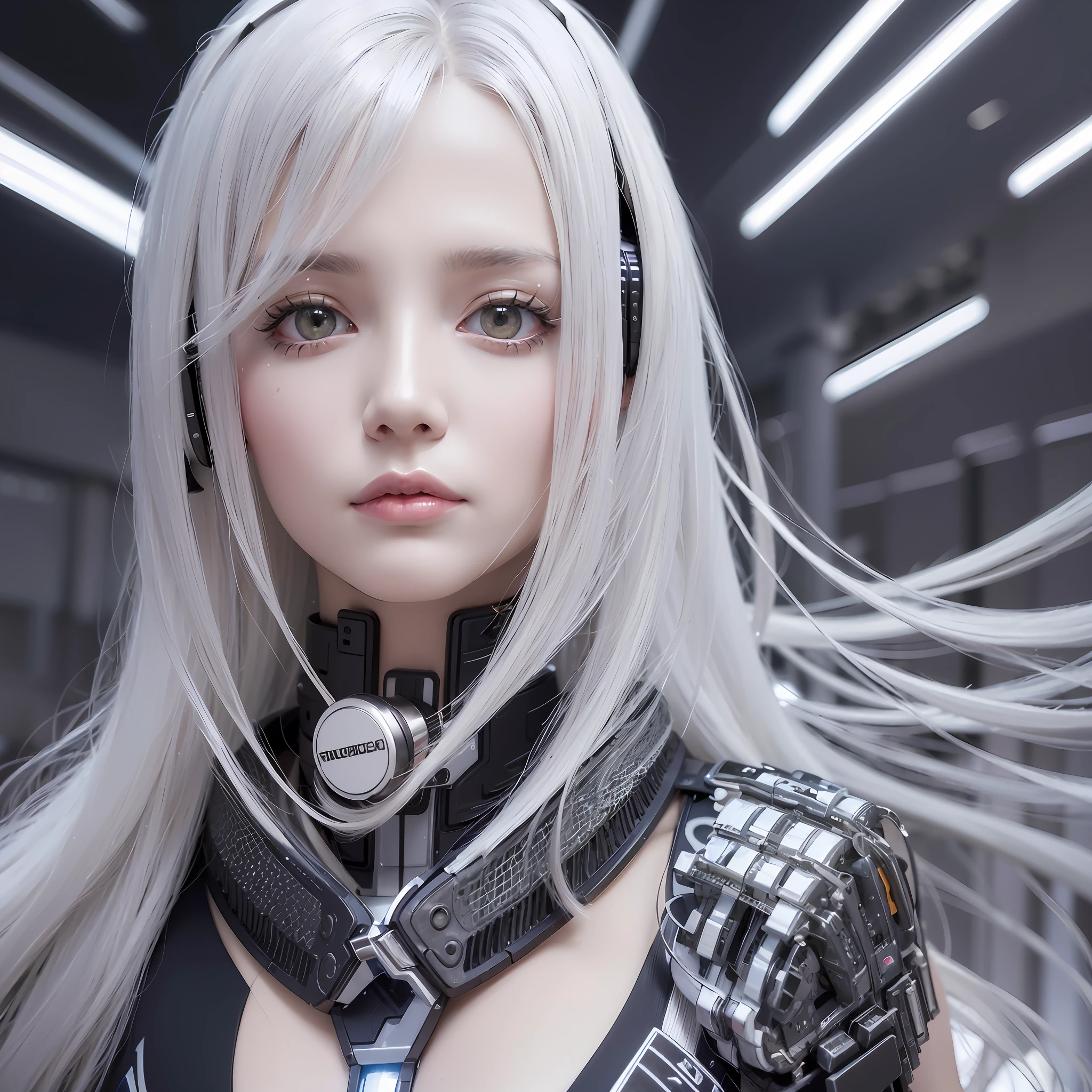Close up of woman with long white hair in black and silver costume, cyborg - girl with silver hair, beautiful white girl cyborg, perfect android girl, cute cyborg girl, 3d rendering character art 8k, beautiful girl cyborg, beautiful female android, female cyberpunk anime girl, beautiful female android!, perfect anime cyborg female, cyborg girl, beautiful eyes, tears mole, full view