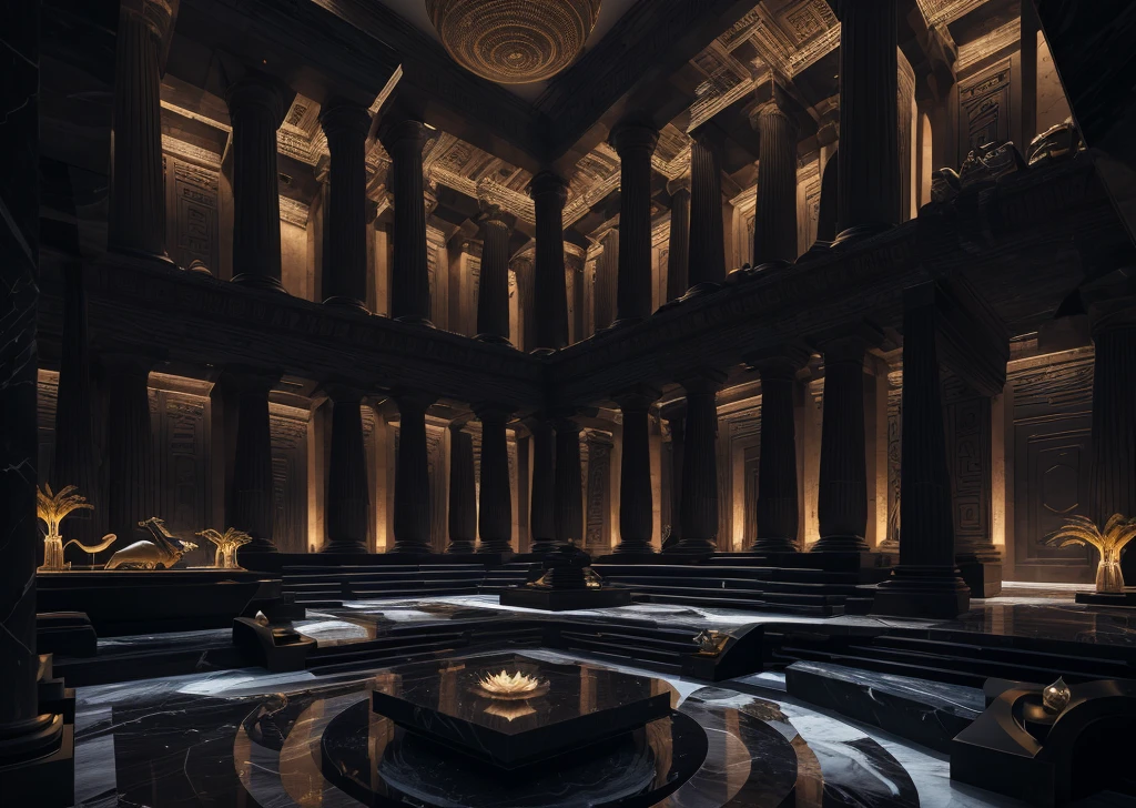 incredible black luxurious futuristic interior in Ancient Egyptian style with statues, with palm trees, lotus flowers, crocodiles rocky walls, sand, marble, precious minerals, metals, gemstones, crystals, clouds and water, ultra luxury, black marble – with beautiful lights, Unreal Engine, HQ, 16k
