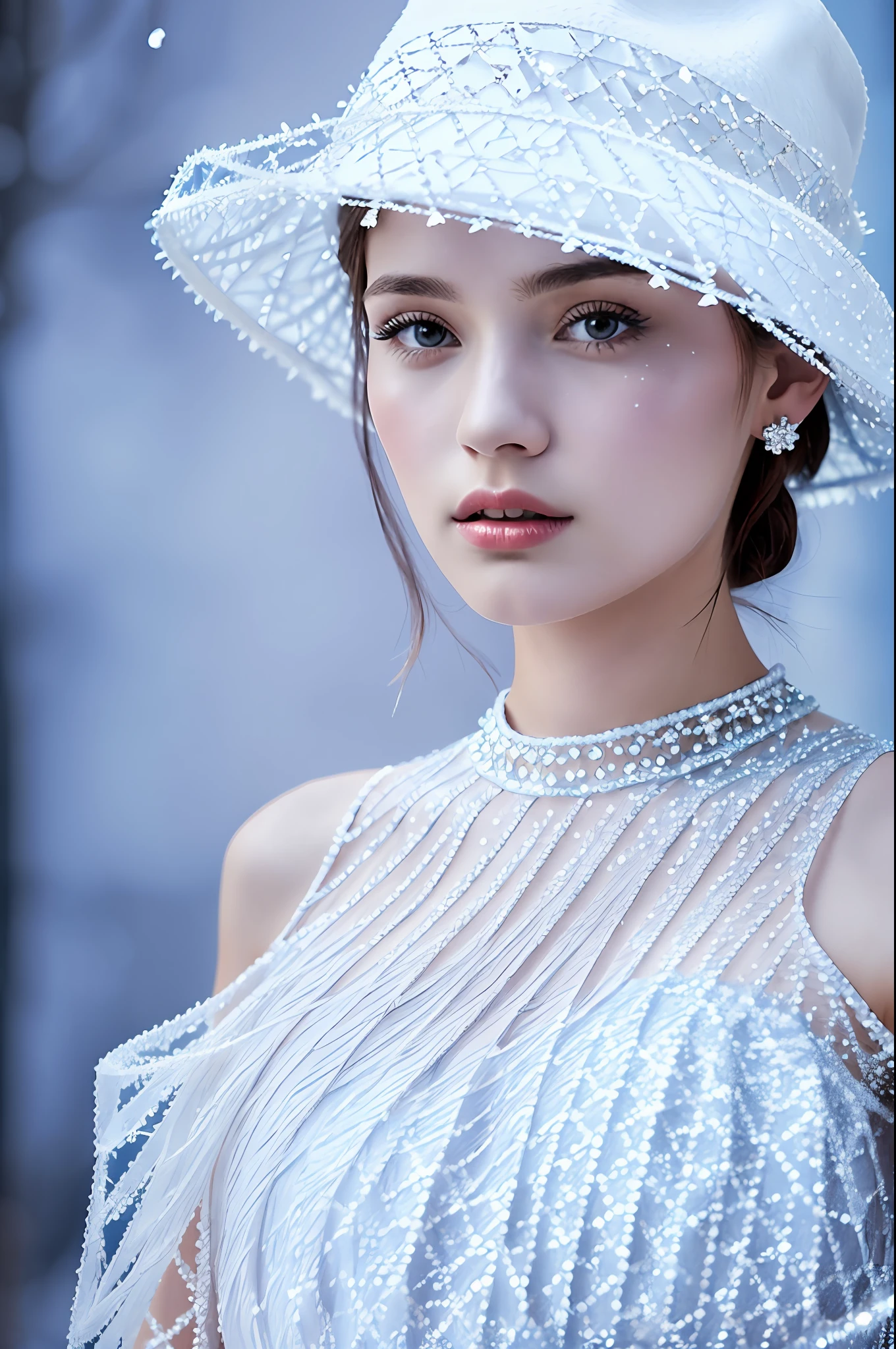 Fashion model wearing a dress and hat made out of ice crystals, intricate background, realistic photograph, surreal photography, 8k