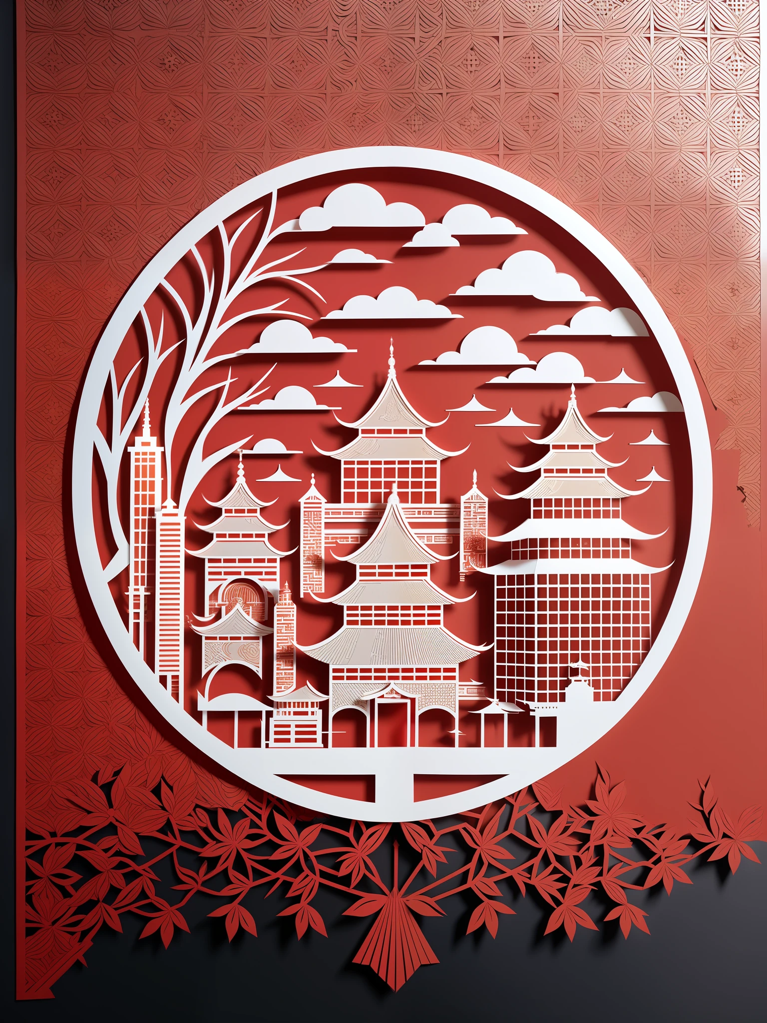 新年海报,Paper cutting work, city and Chinese New Year-themed papercuts artworks,Hollow design, light and shadow,3D--v6