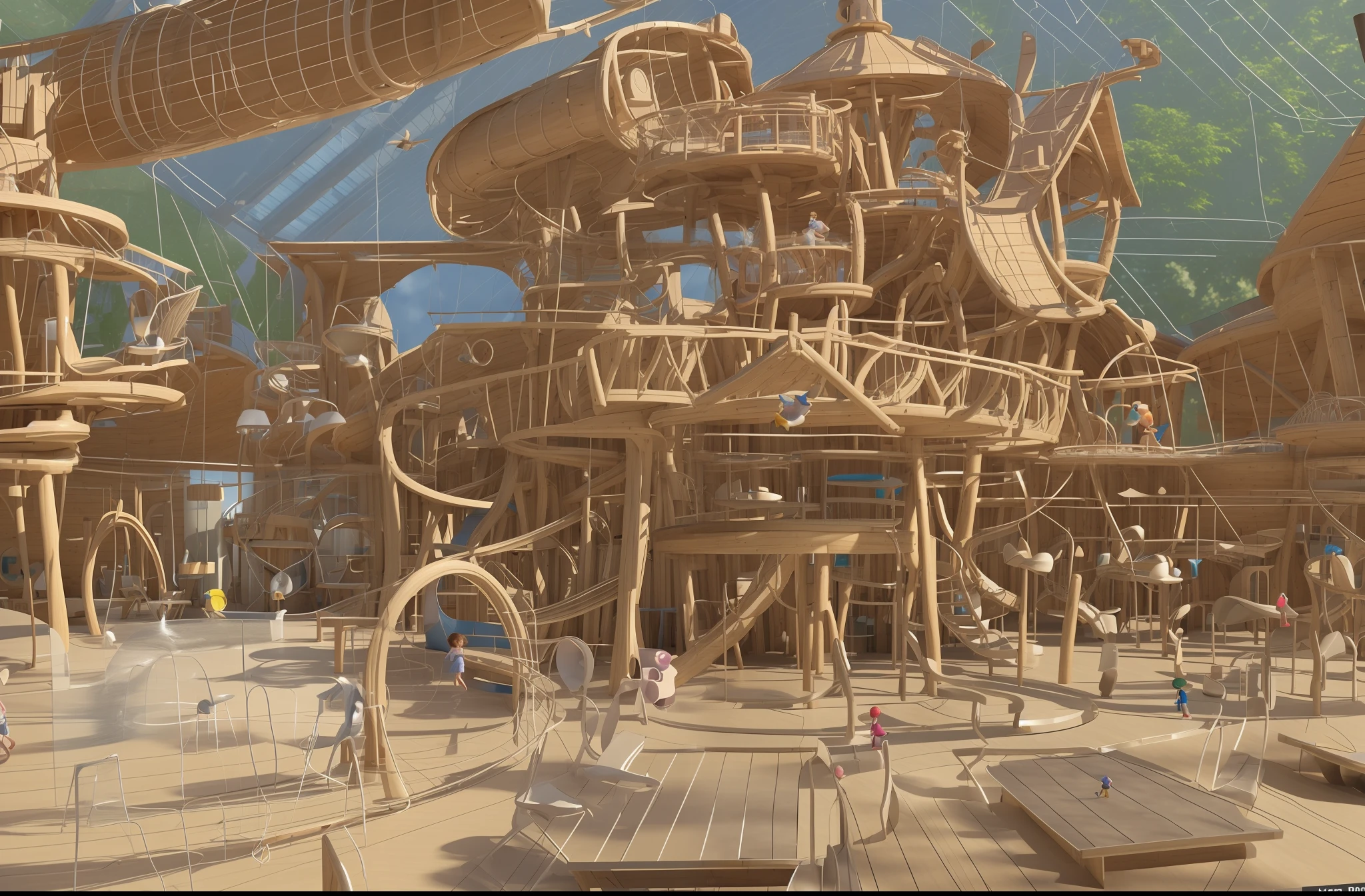 3D architectural rendering, vast, open barn transformed into an indoor playground, bustling with activity. Children and adults, charming wooden cabins, one of which is equipped with an adjacent rotating ((cylindrical slide)). A wooden suspension bridge, realistically rendered with detailed textures and shadows, leads to another cabin in the top right of the image, where a delightfully animated 3D model of a little girl is seen running across. On the left, a (water park) shimmers under the virtual lighting, its pool crowned by a whimsically designed fountain. The fountain, meticulously modelled in 3D, features a stack of bird sculptures - a large bird at the base, a parrot in the middle, and a toucan at the top, each spouting water from their beaks. In the foreground, 3D models of adults sit at small wooden tables, engaged in a meal, their position and interaction adding depth and perspective to the scene.