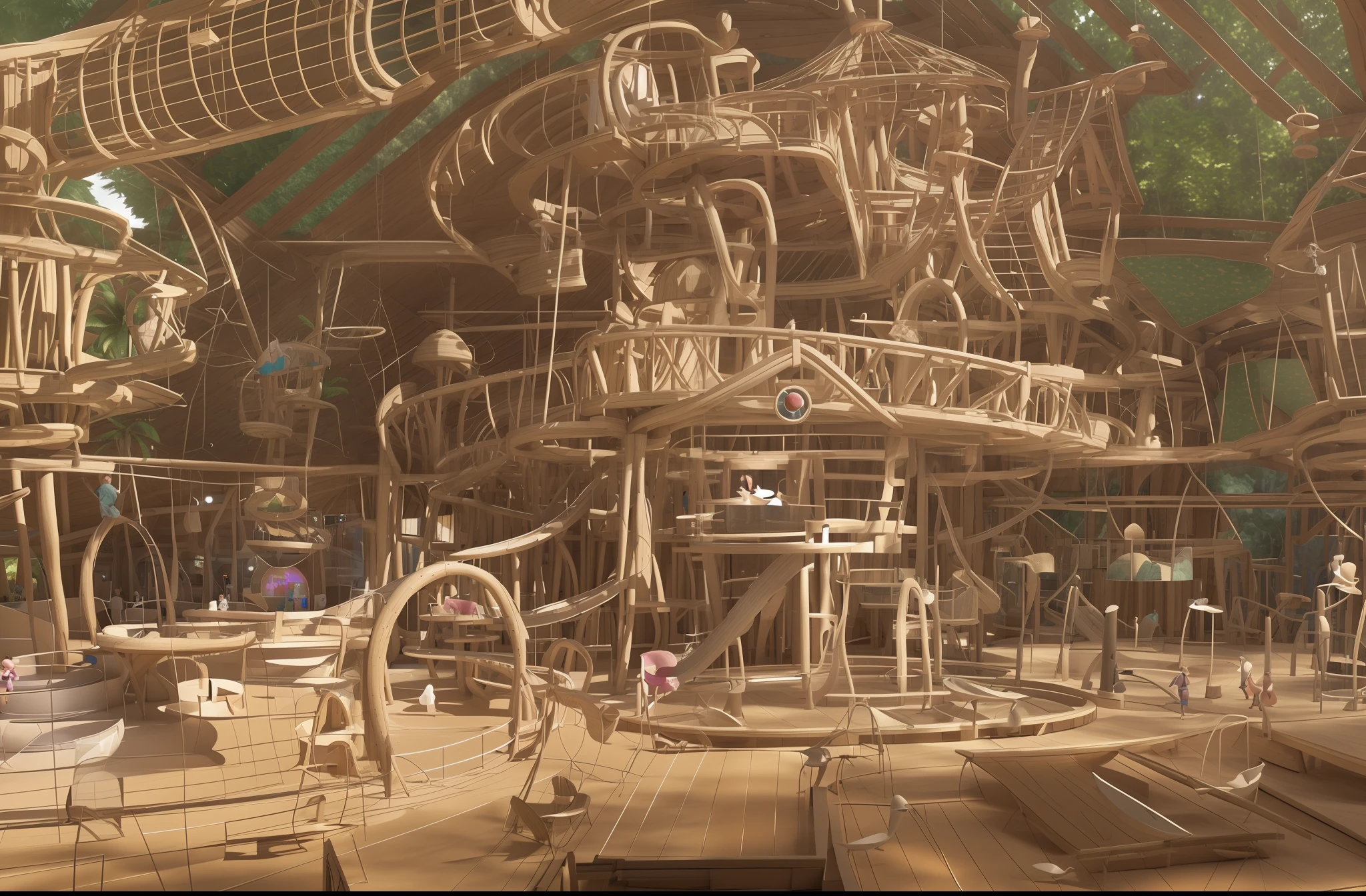 3D architectural rendering, vast, open barn transformed into an indoor playground, bustling with activity. Children and adults, charming wooden cabins, one of which is equipped with an adjacent rotating ((cylindrical slide)). A wooden suspension bridge, realistically rendered with detailed textures and shadows, leads to another cabin in the top right of the image, where a delightfully animated 3D model of a girl is seen running across. On the left, a (water park) shimmers under the virtual lighting, its pool crowned by a whimsically designed fountain. The fountain, meticulously modelled in 3D, features a stack of bird sculptures - a large bird at the base, a parrot in the middle, and a toucan at the top, each spouting water from their beaks. In the foreground, 3D models of adults sit at small wooden tables, engaged in a meal, their position and interaction adding depth and perspective to the scene.