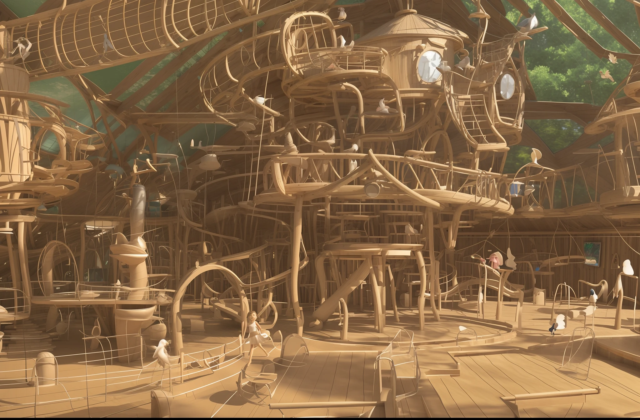 3D architectural rendering, vast, open barn transformed into an indoor playground, bustling with activity. Children and adults, charming wooden cabins, one of which is equipped with an adjacent rotating ((cylindrical slide)). A wooden suspension bridge, realistically rendered with detailed textures and shadows, leads to another cabin in the top right of the image, where a delightfully animated 3D model of a girl is seen running across. On the left, a (water park) shimmers under the virtual lighting, its pool crowned by a whimsically designed fountain. The fountain, meticulously modelled in 3D, features a stack of bird sculptures - a large bird at the base, a parrot in the middle, and a toucan at the top, each spouting water from their beaks. In the foreground, 3D models of adults sit at small wooden tables, engaged in a meal, their position and interaction adding depth and perspective to the scene.