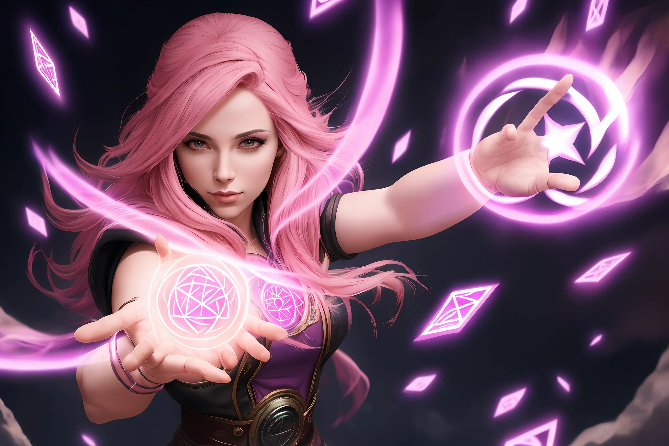 Beautiful girl, pink hair, mage, magic radiating from hands, runes floating in air,