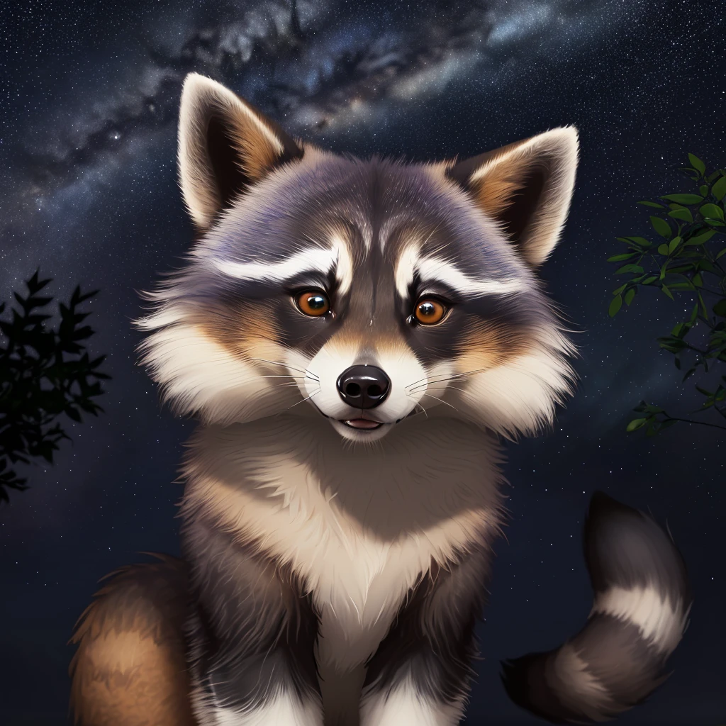 High resolution bust portrait of human female looking at viewer wearing black and white wolf fur, dark eyes with orange pupils, fluffy raccoon tail, black nose surrounded by detailed cultural background design starry sky, raccoon standing correctly, virtuous Canine head animal body, hairy white fur and tufted appearance.