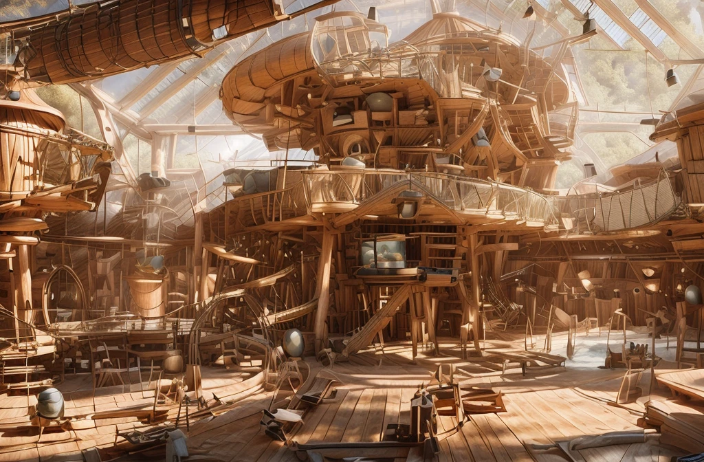 3D architectural rendering, vast, open barn transformed into an indoor playground, bustling with activity. Children and adults, charming wooden cabins, one of which is equipped with an adjacent rotating ((cylindrical slide)). A wooden suspension bridge, realistically rendered with detailed textures and shadows, leads to another cabin in the top right of the image, where a delightfully animated 3D model of a little girl is seen running across. On the left, a (water park) shimmers under the virtual lighting, its pool crowned by a whimsically designed fountain. The fountain, meticulously modelled in 3D, features a stack of bird sculptures - a large bird at the base, a parrot in the middle, and a toucan at the top, each spouting water from their beaks. In the foreground, 3D models of adults sit at small wooden tables, engaged in a meal, their position and interaction adding depth and perspective to the scene.