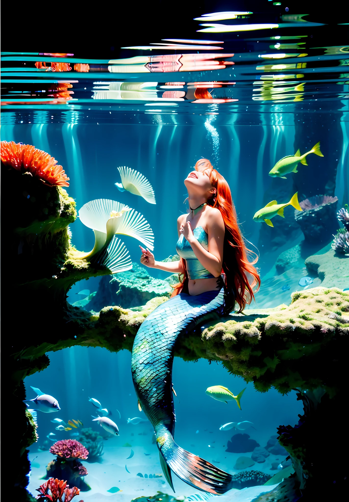 The great forked tail of the mermaid is paddling the sea,