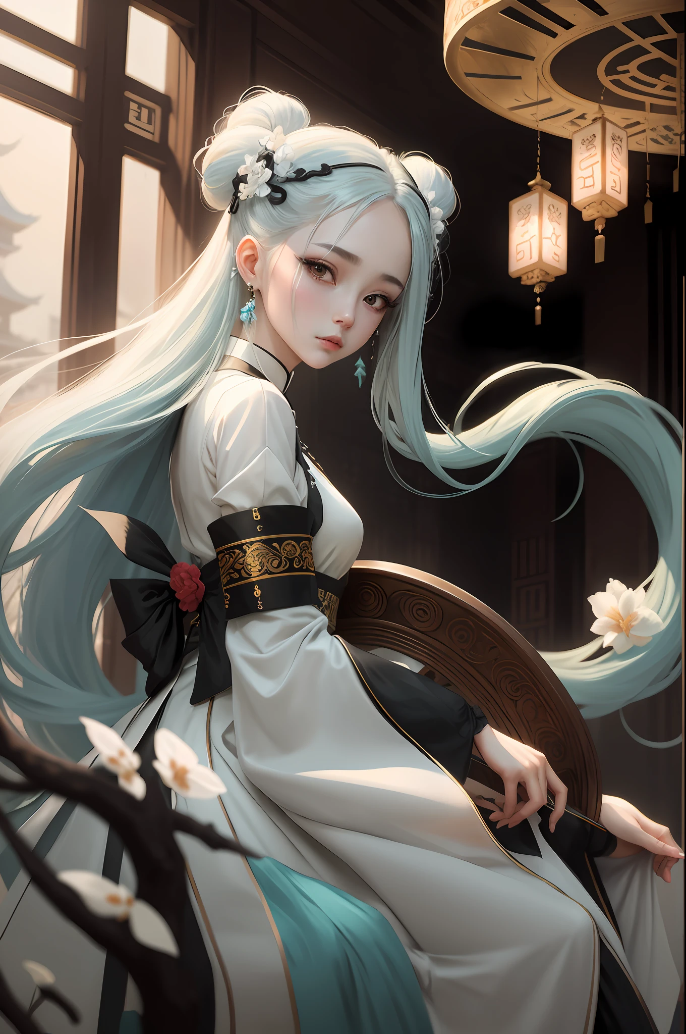 White skin, melancholy eyes, palace, a girl in Hanfu, beautiful figure painting, white Hanfu, Hanfu, hair accessories, , looking at the viewer,, skirt, hair accessories, jewelry, long hair, earrings, closed mouth , Chinese architecture, black long hair, cyan vase, 8k, tower, translucent clothes, willow eyebrows, riverside