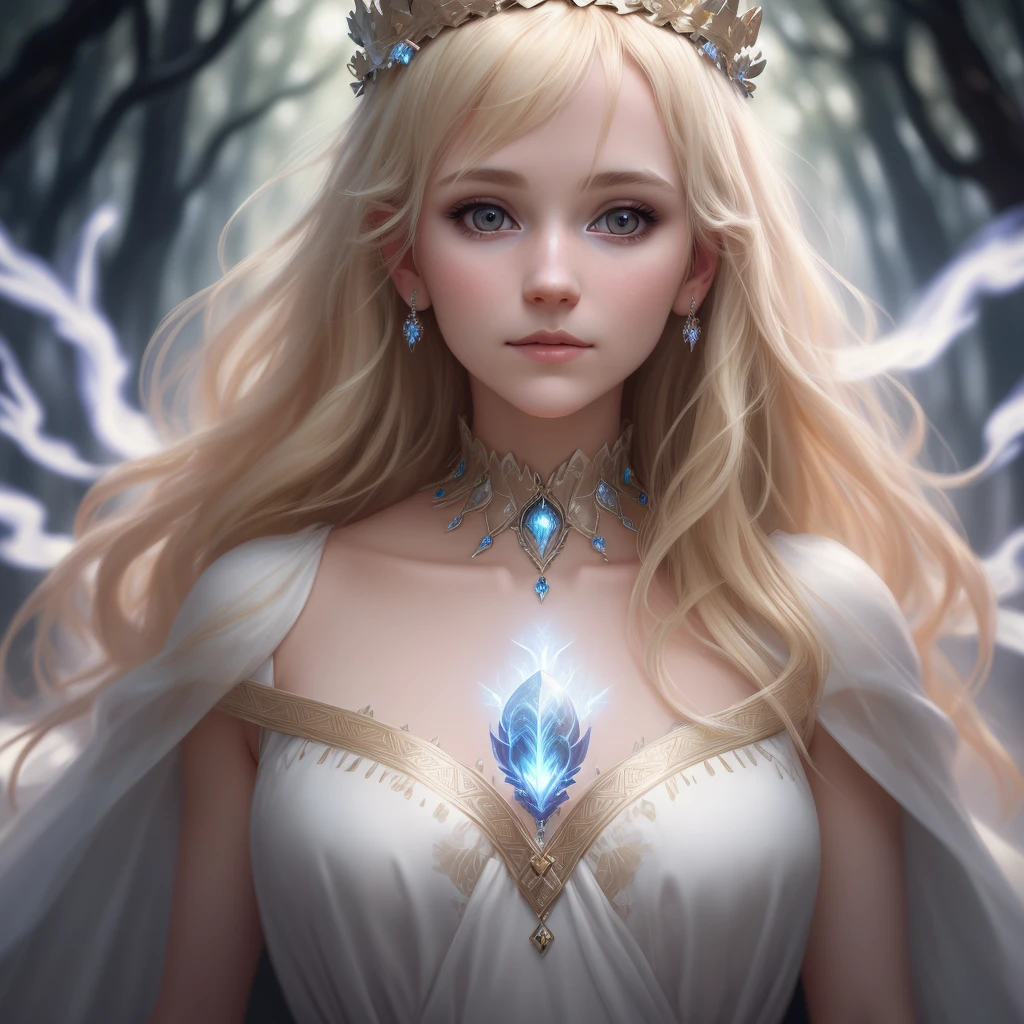 Woman with blond hair, messy hair, wearing greek white dress, beautiful crown on head, delicate face, delicate skin, front view, background frozen forest, cover, zoom, collar, ultra detailed painting, glowing, lighting, Complex, 4k resolution concept Greg Rutkowski, Artgerm, WLOP, Alphonse Mucha, artistic portrait of little fusion pojatti realistic goth, fractal isometric detail bioluminescens: 30 years of stunning photorealism, vistas, simple necklaces