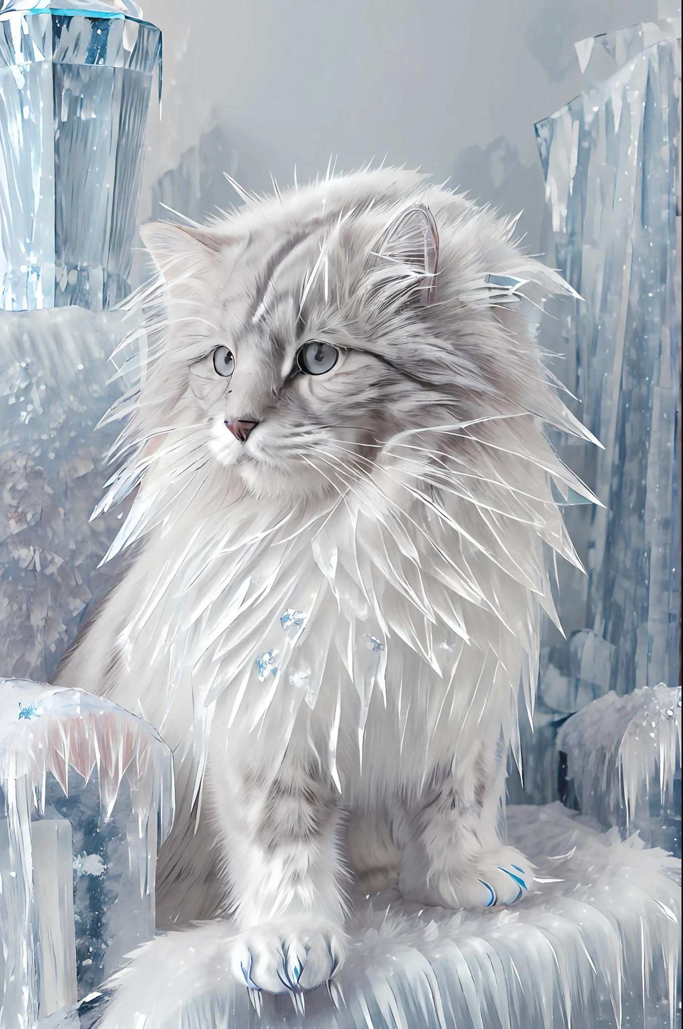 ((photo realistic),(long haired cat),(icy fur+crystal fur+intricate fur detail:1.3),(sitting),(royal chair),(crystalpunk+icepunk:1.2),(8k wallpaper))