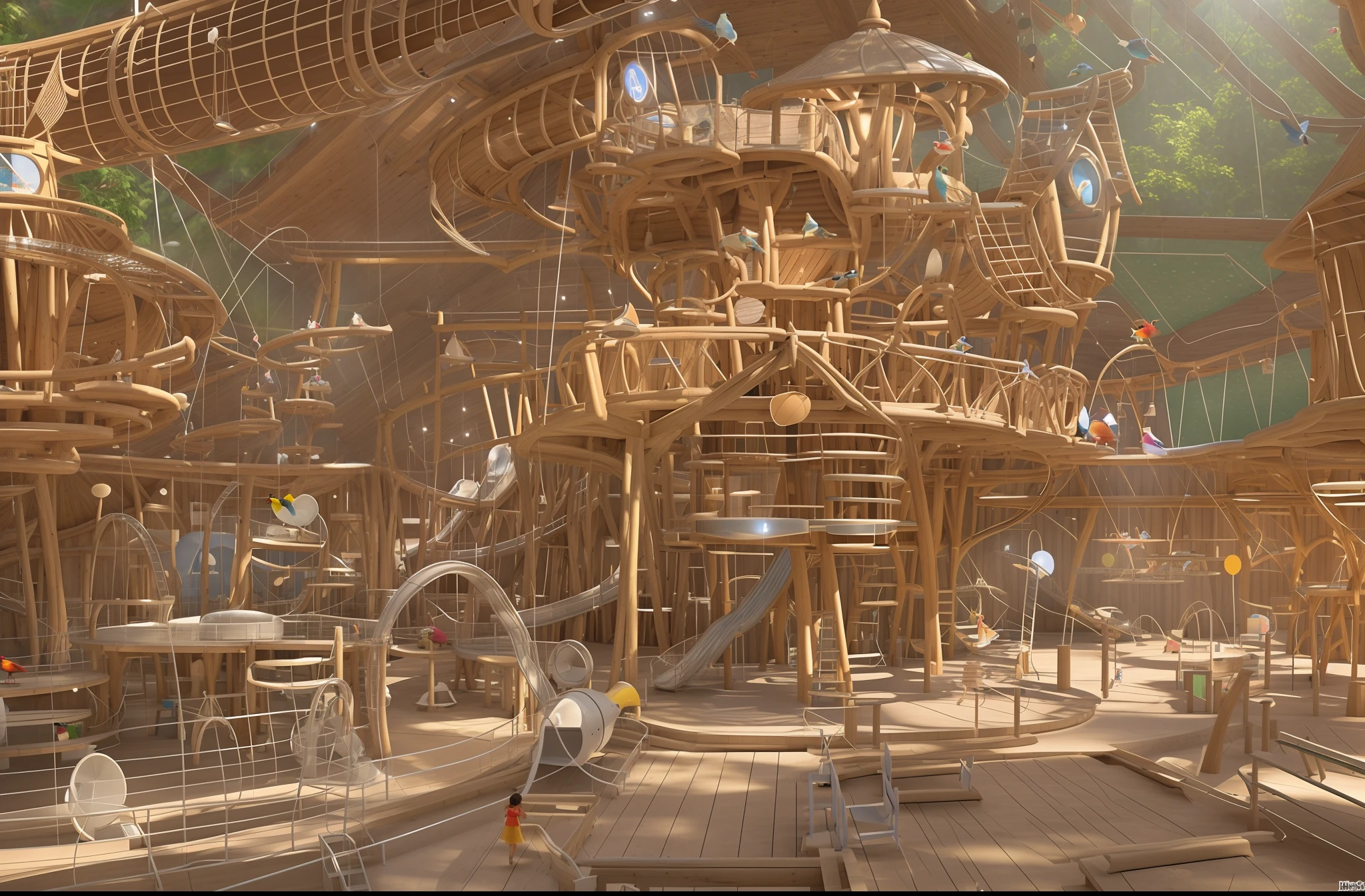 3D architectural rendering, vast, open barn transformed into an indoor playground, bustling with activity. Children and adults, charming wooden cabins, one of which is equipped with an adjacent rotating ((cylindrical slide)). A wooden suspension bridge, realistically rendered with detailed textures and shadows, leads to another cabin in the top right of the image, where a delightfully animated 3D model of a little girl is seen running across. On the left, a (water park) shimmers under the virtual lighting, its pool crowned by a whimsically designed fountain. The fountain, meticulously modelled in 3D, features a stack of bird sculptures - a large bird at the base, a parrot in the middle, and a toucan at the top, each spouting water from their beaks. In the foreground, 3D models of adults sit at small wooden tables, engaged in a meal, their position and interaction adding depth and perspective to the scene.