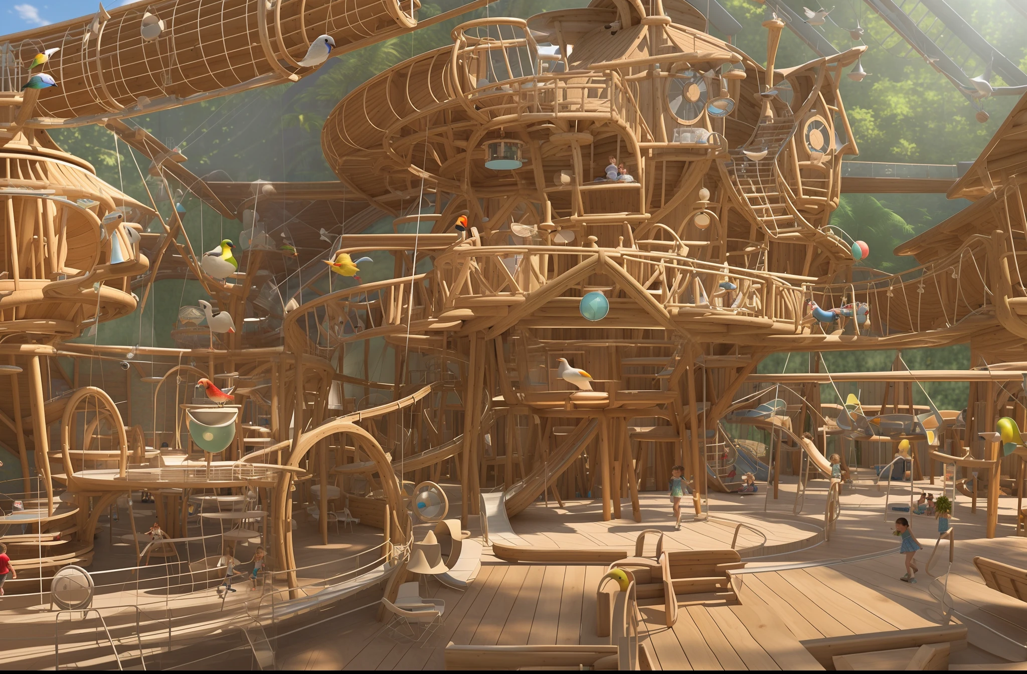 3D architectural rendering, vast, open barn transformed into an indoor playground, bustling with activity. Children and adults, charming wooden cabins, one of which is equipped with an adjacent rotating ((cylindrical slide)). A wooden suspension bridge, realistically rendered with detailed textures and shadows, leads to another cabin in the top right of the image, where a delightfully animated 3D model of a is seen running across. On the left, a (water park) shimmers under the virtual lighting, its pool crowned by a whimsically designed fountain. The fountain, meticulously modelled in 3D, features a stack of bird sculptures - a large bird at the base, a parrot in the middle, and a toucan at the top, each spouting water from their beaks. In the foreground, 3D models of adults sit at small wooden tables, engaged in a meal, their position and interaction adding depth and perspective to the scene.