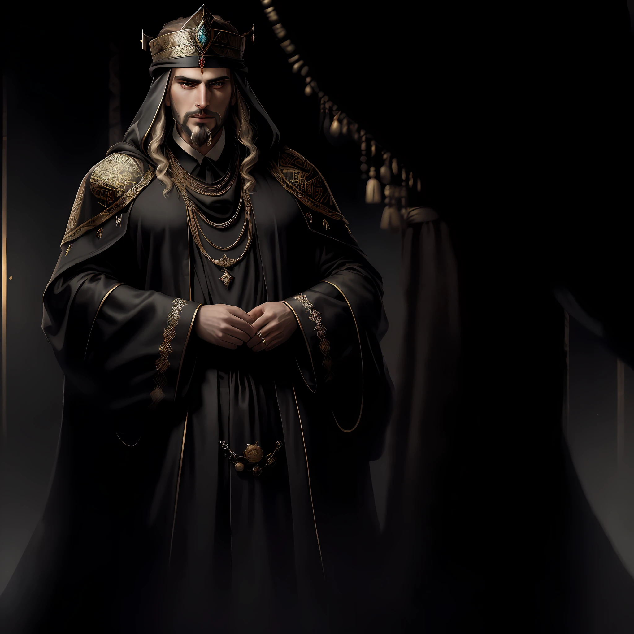 Image of a man in black robe and gold jewelry, handsome Persian prince, ruler of ancient Persian kingdom, tuomas korpi and wlop, portrait of human emperor, ancient king in black robe, inspired by Osman Hamdi Bey, noble Majestic clothes, Ahmed Karahisari, handsome man, inspired by Altoon Sultan, black and gold color scheme, shadowy, cunning, treacherous