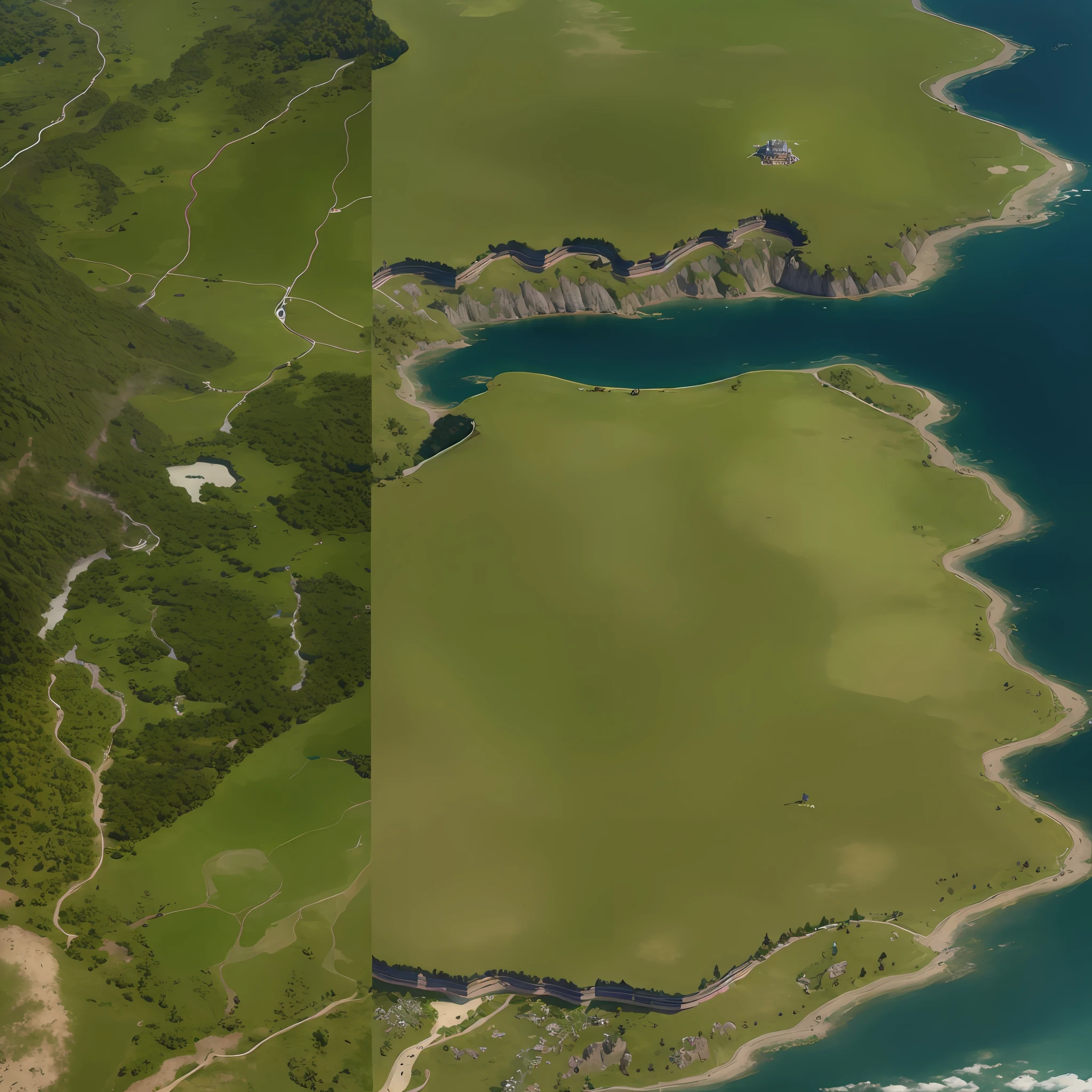 araffes in a field with a river and a forest, steam workshop maps, no trees, hyper detailed, zoom out very far, game map, grassy plains, coastline, highly detailed terrain, an expansive grassy plain, entire city visible, detailed scenery — Width 672, highly detailed maps, simple fantasy maps, r/battlemaps, detailed terrain, rock walls of river channels