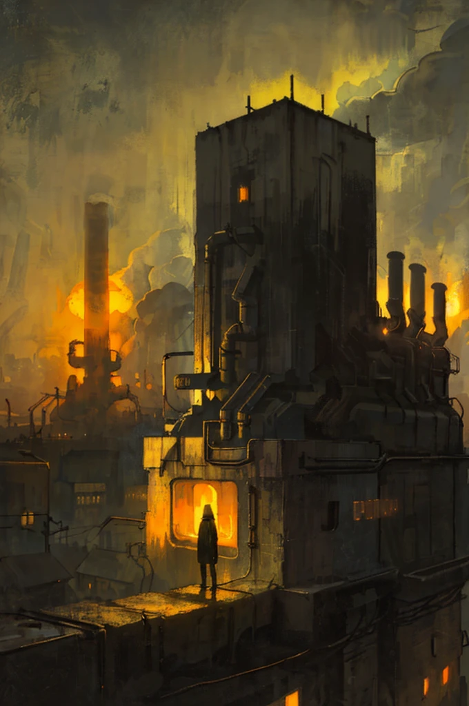 Zdzislaw Beksinski A bleak, industrial cityscape stretches out as far as the eye can see, dotted with smokestacks and illuminated by a sickly yellow light