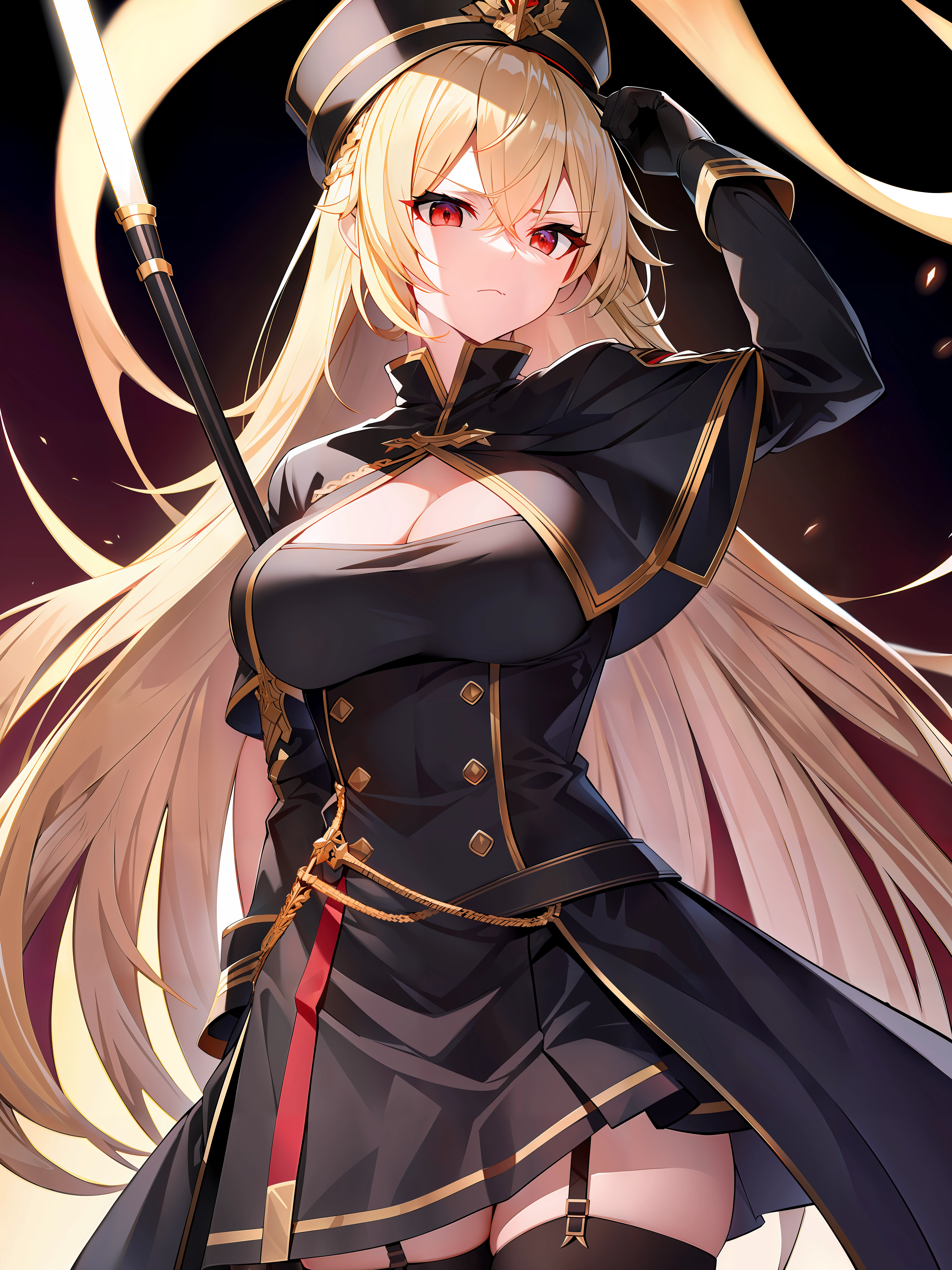 (hyper extreme detailed),(masterpiece),(hyper extreme),(photorealistic),CG,(colour:1.2), beautiful lighting,light from the front,rating:safe,solo, bismarck,blonde hair,long hair,red eyes,black_gloves,garter_straps,zettai_ryouiki,pleated_skirt,black_skirt,stoking,high_heels,black shrite,long_sleeves,black_cape,short_dress, wearing military hat, holding a sabre, looking lewd, sideboobs