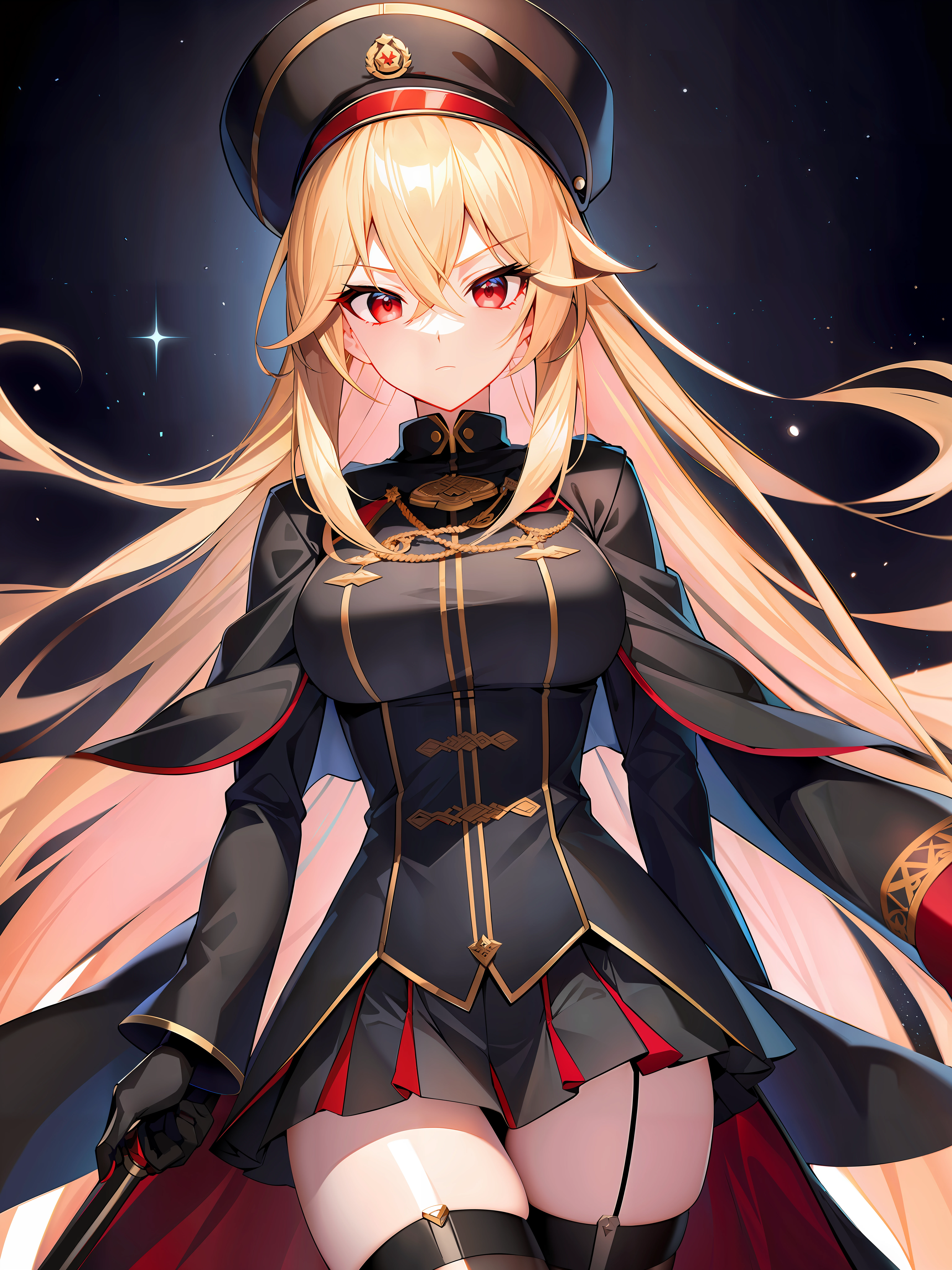 (hyper extreme detailed),(masterpeace),(hyper extreme),(photorealistic),CG,(colour:1.2), beautiful lighting,light from the front,rating:safe,solo, bismarck,blonde hair,long hair,red eyes,black_gloves,garter_straps,zettai_ryouiki,pleated_skirt,black_skirt,stoking,high_heels,black shrite,long_sleeves,black_cape,short_dress, wearing military hat, holding a sabre, looking lewd