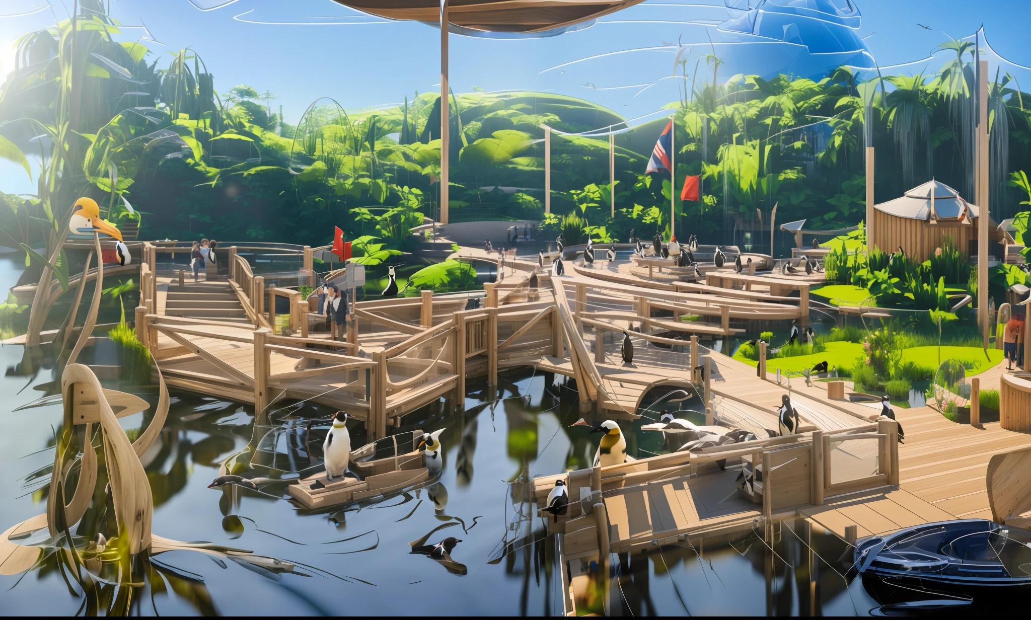 HDR, DSLR, 16k resolution, Architectural rendering, an outdoor zoo, a sunny afternoon. a serene lake, its surface gently rippled, reflecting the clear blue sky and the greenery around, penguines swimming in lake, A wooden bridge arches over the lake, families leisurely stroll across it, fish swimming underneath.To the left, two penguins standing, To the right, a ((wooden boat))(wooden ship)is docked, accessible via the bridge. Children can be seen frolicking on the boat.In the foreground, a group of three adults are engrossed in taking photographs, their poses and expressions meticulously modeled to enhance the lifelike feel of the scene. The lake is a lively spectacle of aquatic life, with fish, ducks, and other waterfowl animated in the scene, enhancing its natural ambiance.In the distant background, a glass-domed building stands imposingly, its glinting facade reflecting the afternoon sun. The building, rendered with glass and metal textures, contrasts sharply with the natural elements of the scene, providing a stunning visual balance in this (((3D architectural rendering)))
