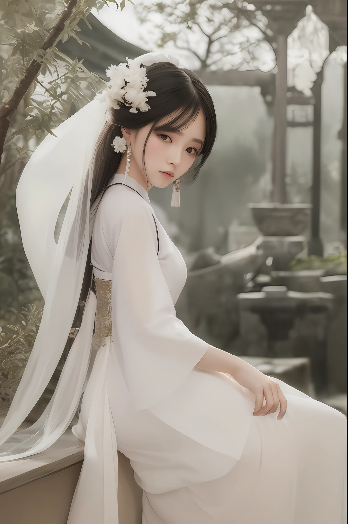 white skin, melancholy eyes, palace, a girl in Hanfu, beautiful figure painting, white Hanfu, looking at the viewer, skirt, simple hair accessories, jewelry, long black hair, earrings, closed mouth, Chinese architecture , vase, 8k, tower, translucent clothes, willow-leaf eyebrows, riverside, jade bracelet, simplicity