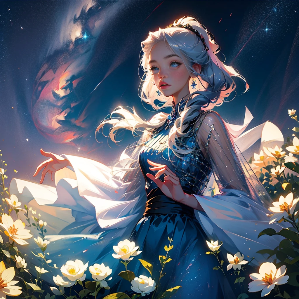 (best quality, masterpiece), 1girl, pose, particles, wind, rose flower, upper body, simple background, looking at viewer, silver-haired girl, starry sky,
