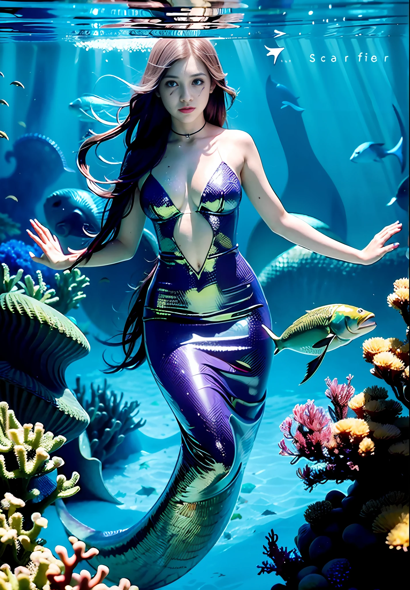 (Mermaid: 2) (Fish Scale: 1.8), (Film CGI, Professional Quality, 8k Resolution, HD, Wide Angle Lens, Lighting Style: Cellar Lights, Rembrandt, Super Detailed, Realistic) The scene depicts the dark and scary underwater environment The main one is an evil beauty lying on the coral reef. She has long dark purple hair, and a ray of sunlight hits her face in a combination of Tyndall effect and diffuse reflection. The camera focuses on the girl's facial features. Background: There are perfect robot corpses scattered all around, and huge sea snakes and deep-sea murlocs can be seen in the distance. In the chaotic seaweed, streaks of blood rose from the bottom of the sea.