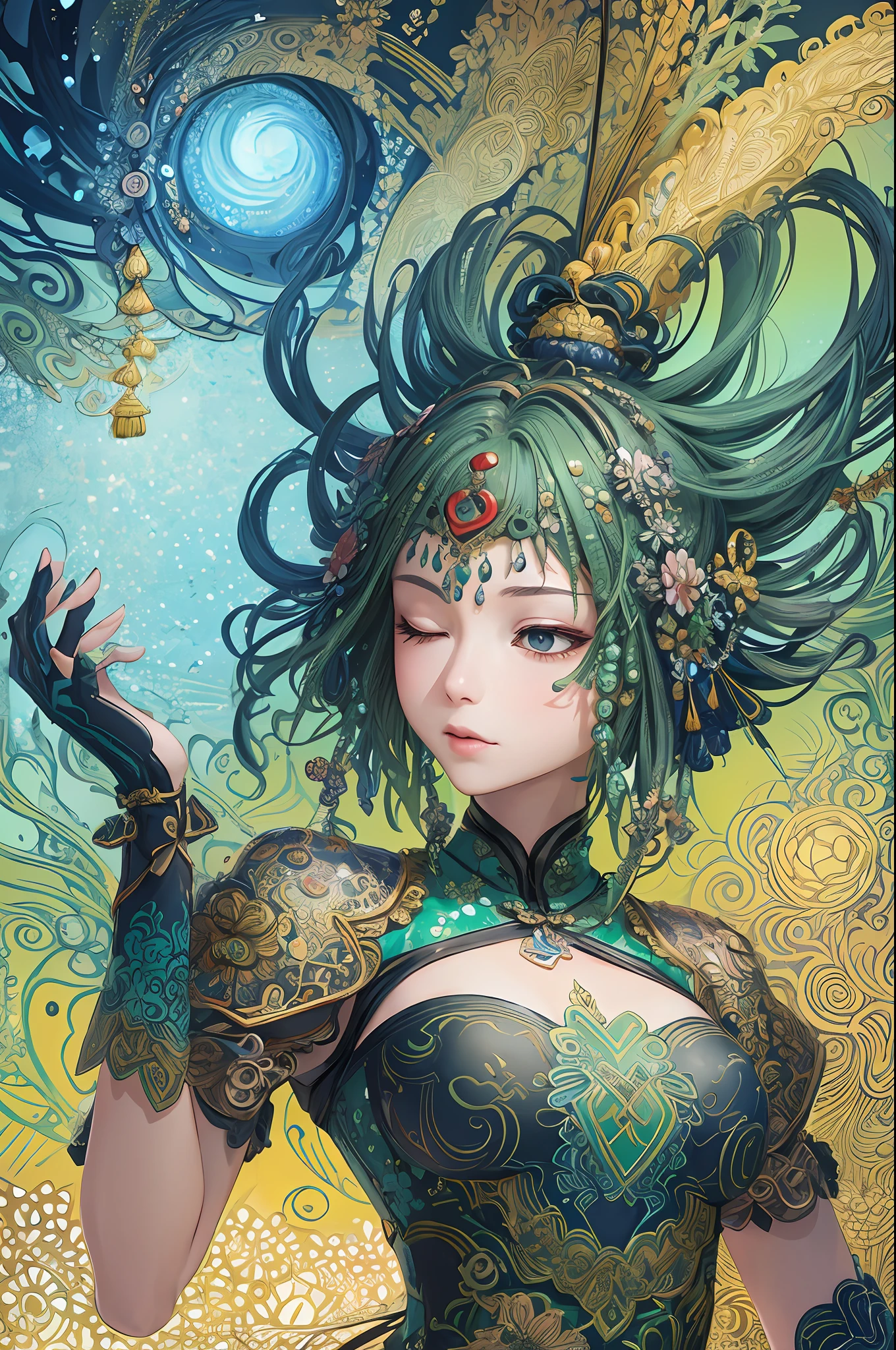 (masterpiece, top quality, best quality, official art, beautiful and aesthetic: 1.2), (1girl: 1.3), very detailed, (fractal art: 1.2), green, most detailed, (zentangle: 1.2), (dynamic pose ), (abstract background: 1.5), (traditional Chinese clothing: 1.2), (shiny skin), (various colors: 1.4), upper body, eyes closed