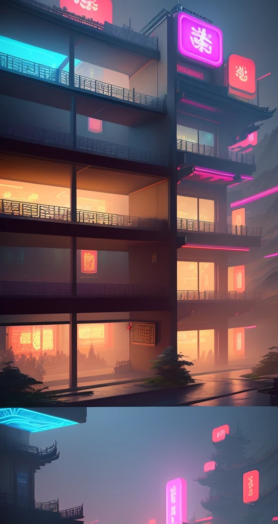 Tengwang Pavilion, cyberpunk, Unreal Engine, abstract neon digital art