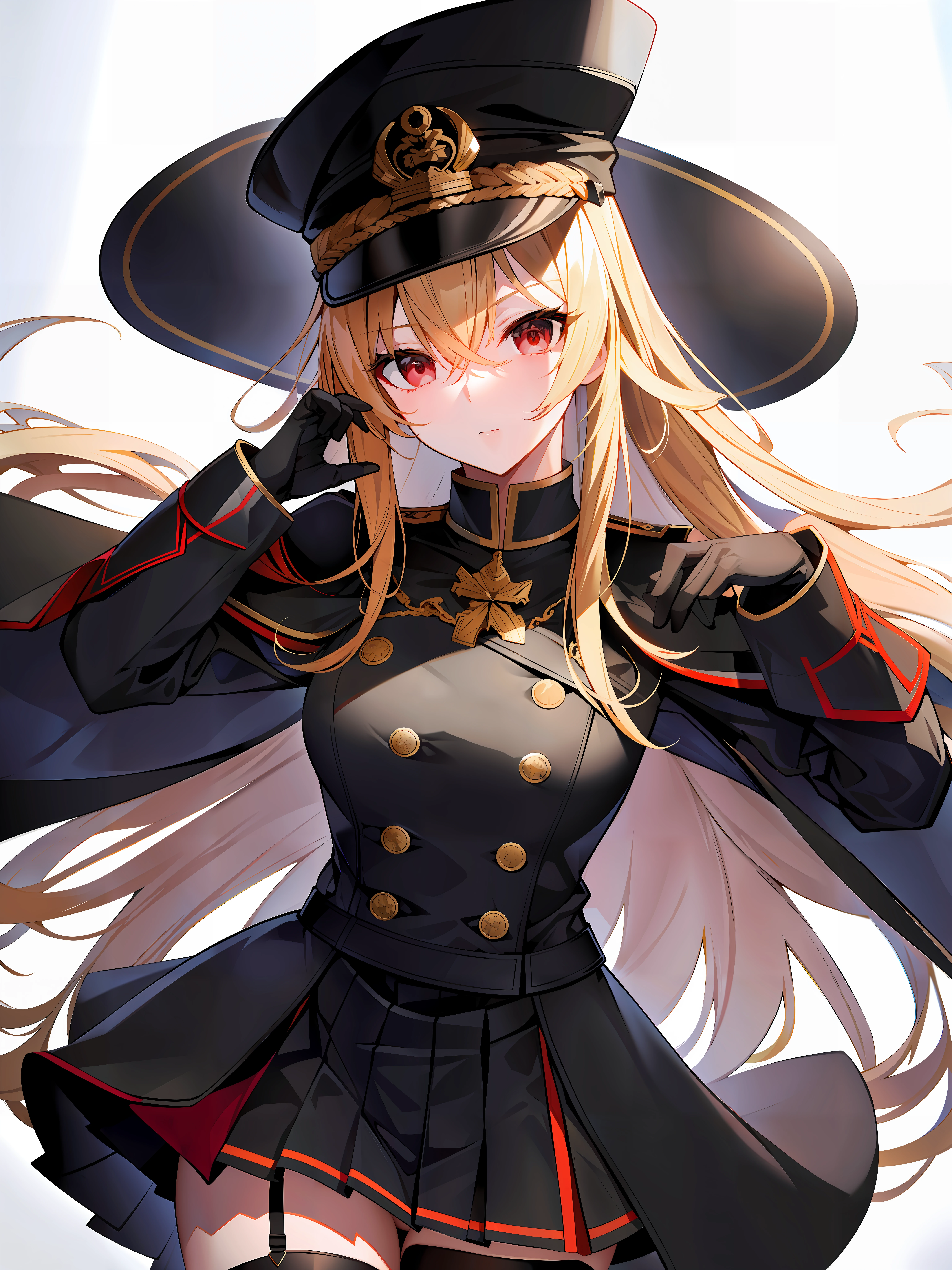 (hyper extreme detailed),(masterpeace),(hyper extreme),(photorealistic),CG,(colour:1.2), beautiful lighting,light from the front,rating:safe,solo, bismarck,blonde hair,long hair,red eyes,black_gloves,garter_straps,zettai_ryouiki,pleated_skirt,black_skirt,stoking,high_heels,black shrite,long_sleeves,black_cape,short_dress, wearing military hat