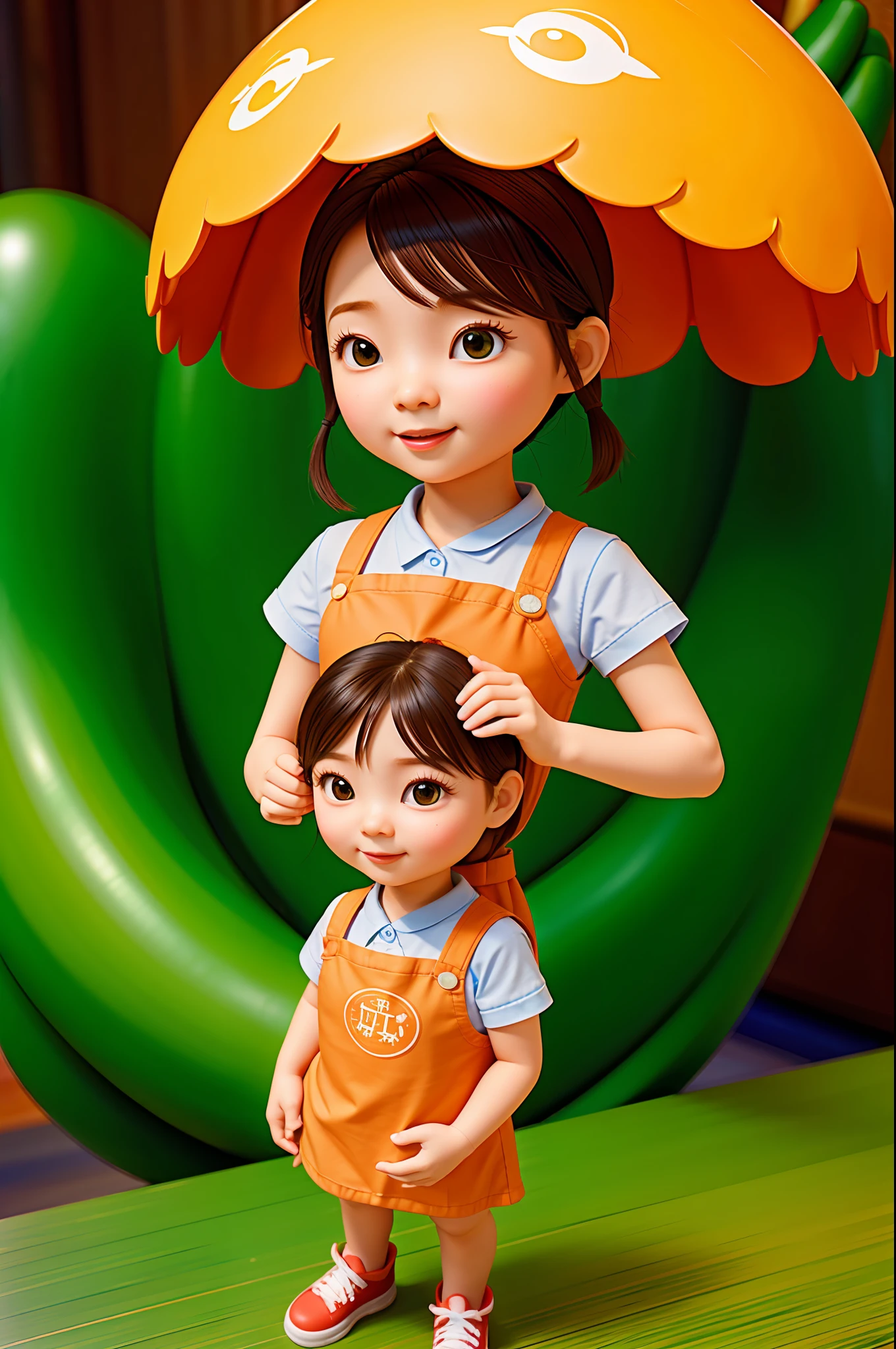 Advanced natural color matching Bright, harmonious, cute and colorful Shanghai-style organic carving C4D style 3D animation character design Children&#39;s book illustration style Ray tracing A little girl in an apron standing naturally IP image