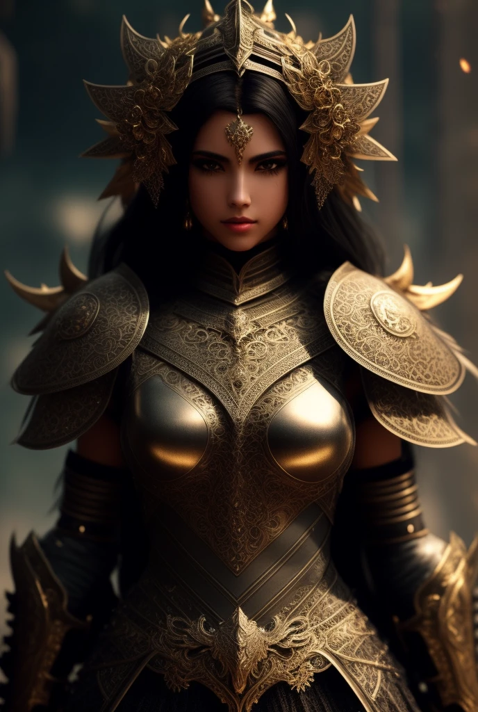 Full body wide shot, beautiful face female warrior in heavy iron armor, incredibly detailed and intricate armor, supermaximal, elegant, gorgeous, surreal, highly detailed, cinematic light, dark fantasy, ConceptArtWorld, apocalypse, melancholy , Masterpiece, full body shot, high heels, long neck, long limbs, freckles, black iron armor, lips slightly open, slender thighs, strong backlight, hair shines transparently in the backlight, skin color is green, demon bloodline, Warlike, cool Latina face, beautiful young girl, cute, beautiful and gorgeous face, long hair and sharp eyes, delicate beautiful face, black armor decorated with gold, dragon pattern on the armor, black armor crosses gold and black lumps, waist Looks slim, big breasts, cool upper chest armor design, weapons, swords, jewelry, earrings, transparent black mini skirt, high resolution speed, 8K quality, mini skirt, tights that stick to the body, reflective stockings, sheer stockings,