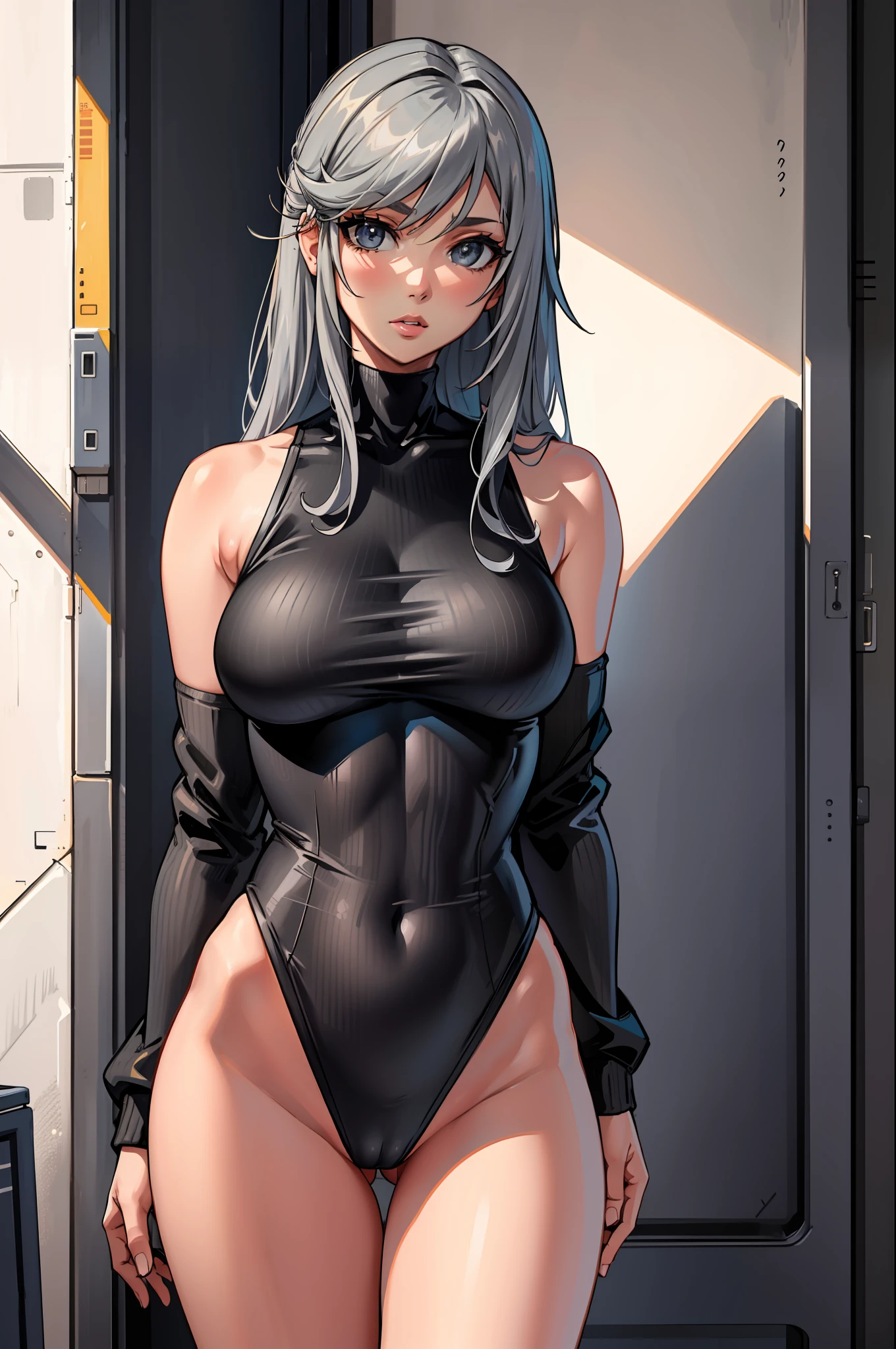 masterpiece, best quality, agrias, grey sweater, black leotard, standing, looking at viewer