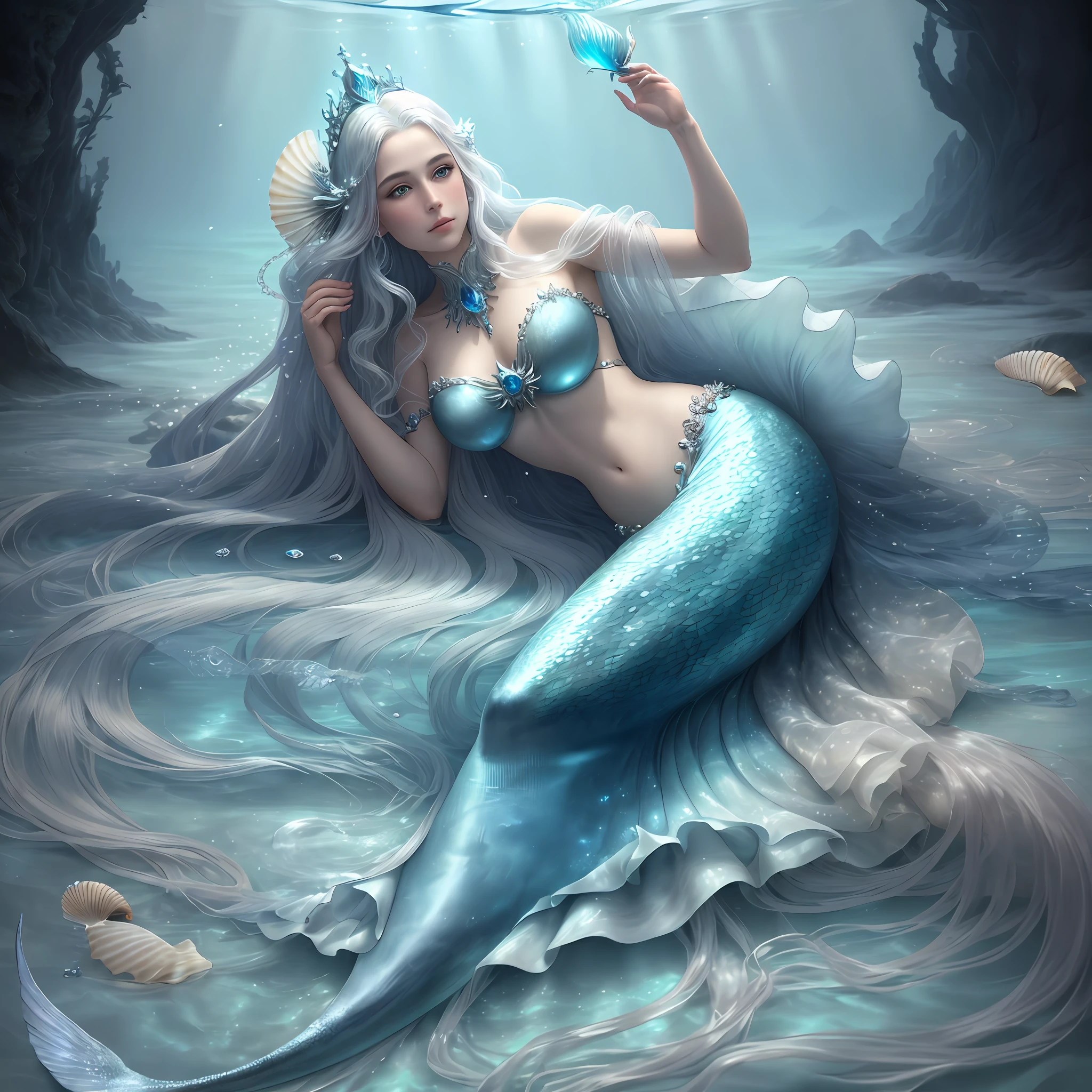 (best quality, masterpiece) an incredibly detailed, ethereal and otherworldly artwork of a mermaid in an underwater world. Silver scales, long flowing translucant jellyfish-like hair in a deep ocean blue, captivating gaze. She holds a seashell crown and wears nothing but a few seashell access. Sunset-like colors, sparkling water, and dreamy ambiance complement the scene. Highly detailed, super high resolution, (full body)