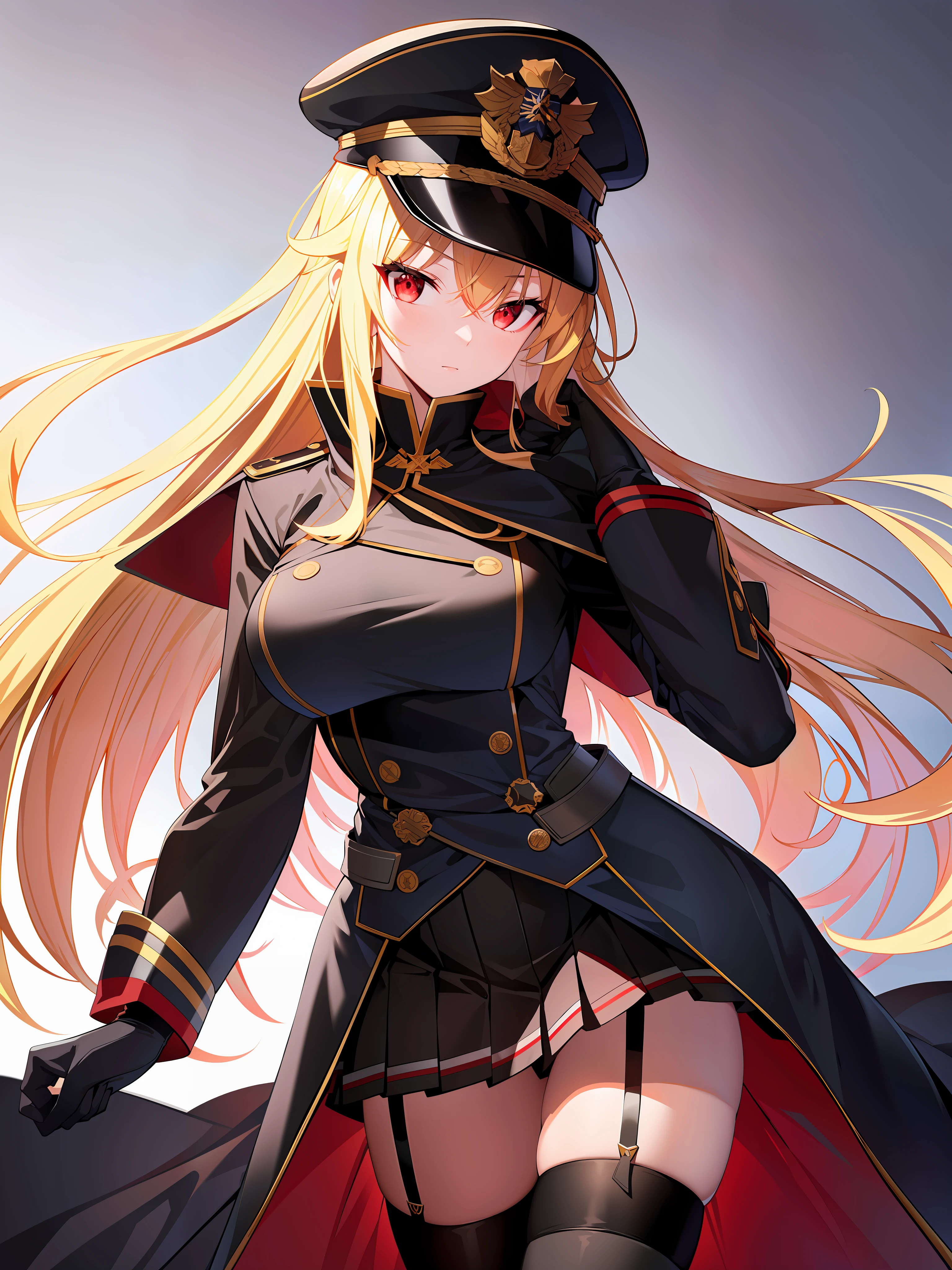 (hyper extreme detailed),(masterpeace),(hyper extreme),(photorealistic),CG,(colour:1.2), beautiful lighting,light from the front,rating:safe,solo, bismarck,blonde hair,long hair,red eyes,black_gloves,garter_straps,zettai_ryouiki,pleated_skirt,black_skirt,stoking,high_heels,black shrite,long_sleeves,black_cape,short_dress, wearing military hat