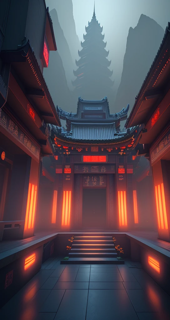 Majestic Tengwang Pavilion, cyberpunk, Unreal Engine, abstract neon digital art, inner glow, center composition, front view, futuristic