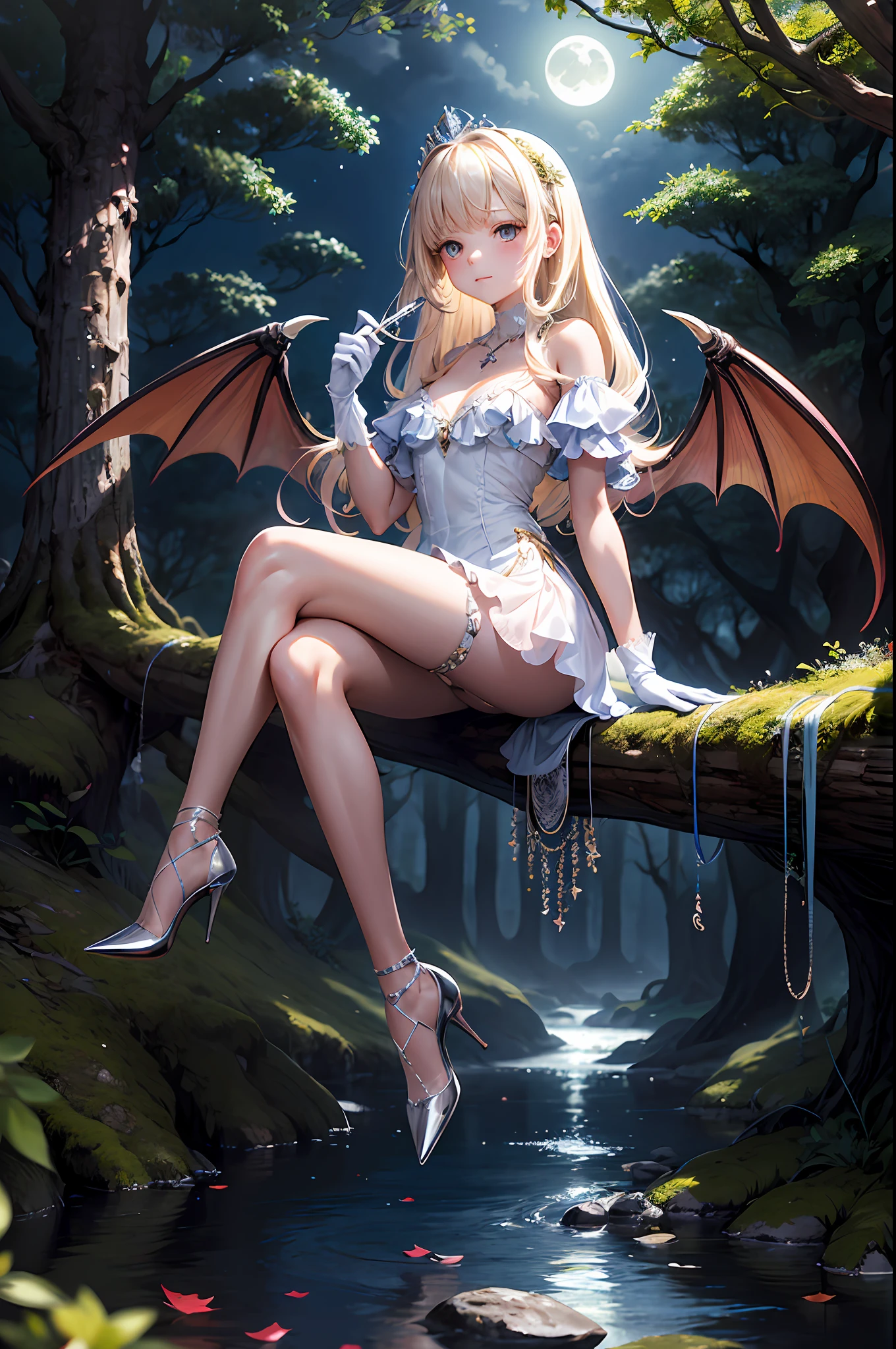 (masterpiece, best quality: 1.2), 1girl, solo, cute, kawaii, digital art, magic circle, platinum blonde, delicate eyes, awkward expression, sweat, frill dress, pink color scheme, high heels, white gloves, heart necklace, crown, magic wand, dragon, forest, flame breath, wings, scales, sharp claws, pointed tail, trees, moss, transparent moonlight, fallen leaves, shrubs, rocks, rivers, bridges Night clouds, starry sky, wind, rustling leaves,