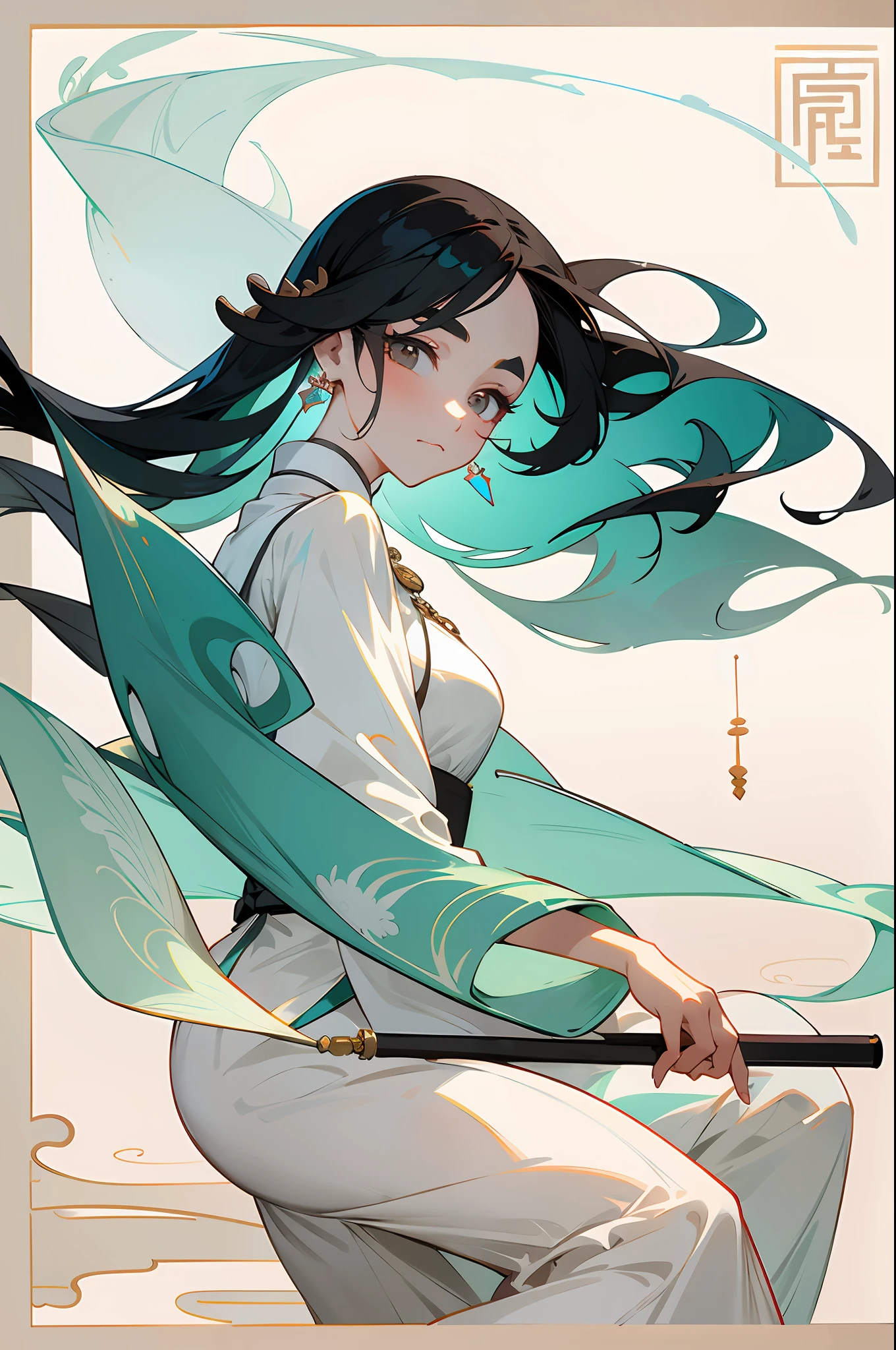 White skin, melancholy eyes, palace, a girl in Hanfu, beautiful figure painting, white Hanfu, watery eyes, looking at the viewer, skirt, jewelry, long black hair, earrings, closed mouth, Chinese architecture , vase, 8k, tower, translucent clothes, willow-leaf eyebrows, riverside, jade bracelet, simplicity,
